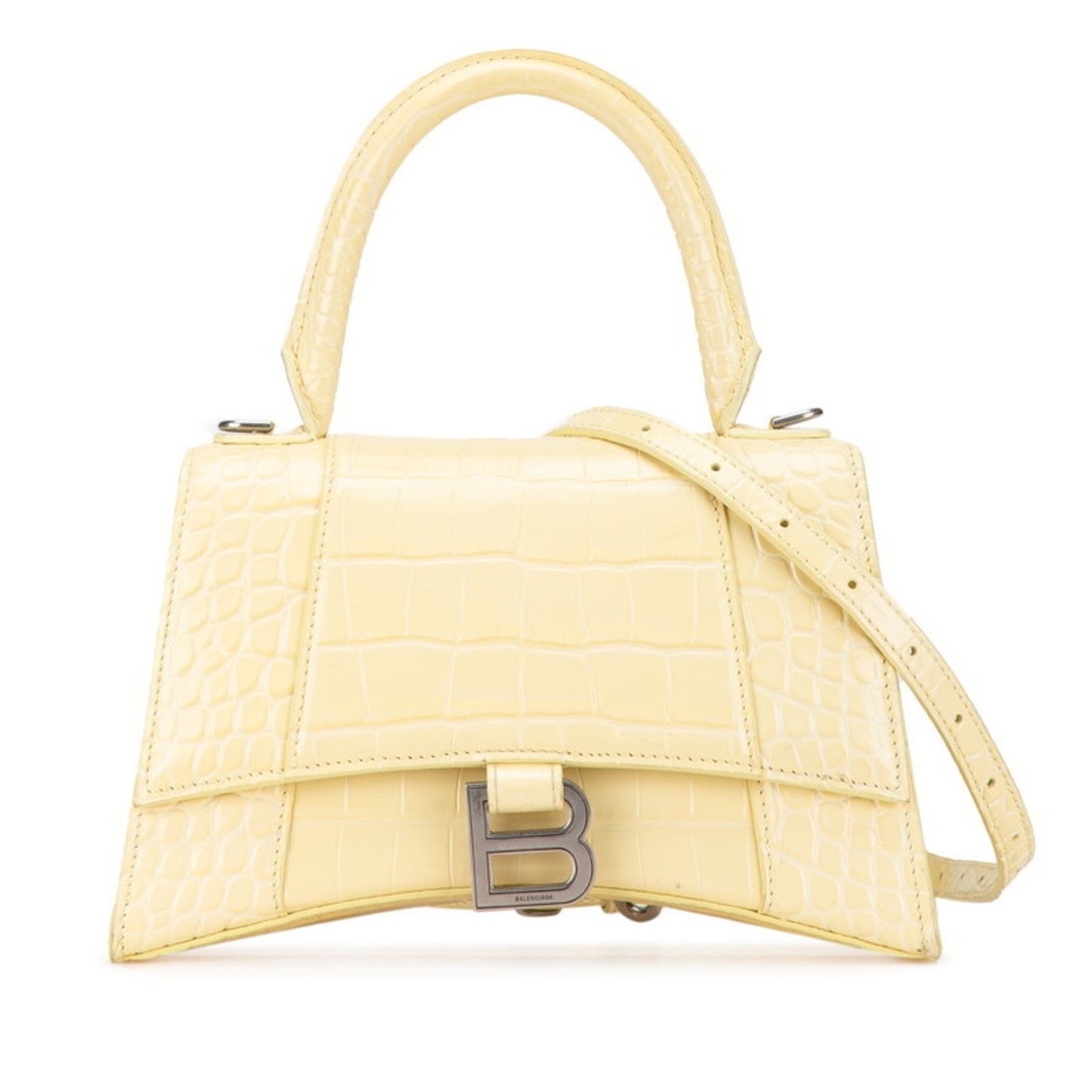 Balenciaga B Logo Hourglass Crocodile Embossed Handbag Shoulder Bag Yellow Leather