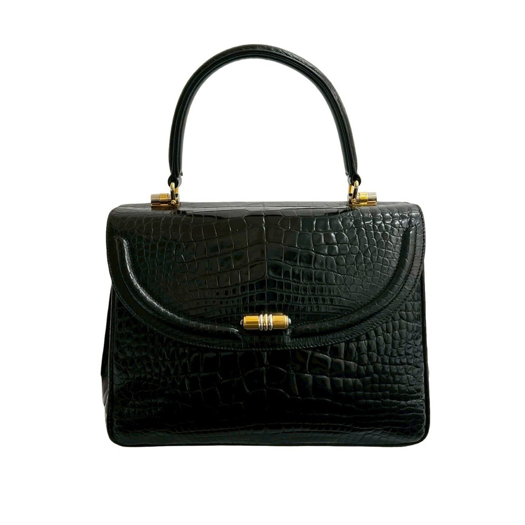 GUCCI Vintage Turnlock Crocodile-Embossed Leather Handbag in