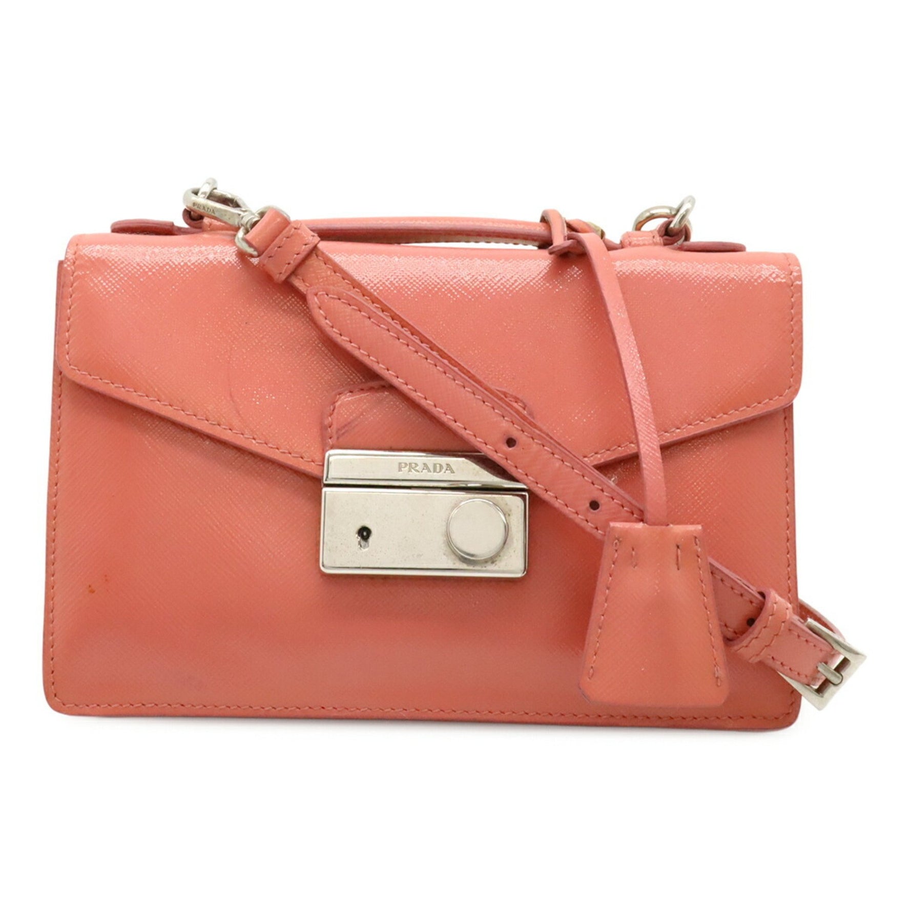 PRADA Saffiano Bernic Handbag Shoulder Bag Pochette Patent Leather Pink