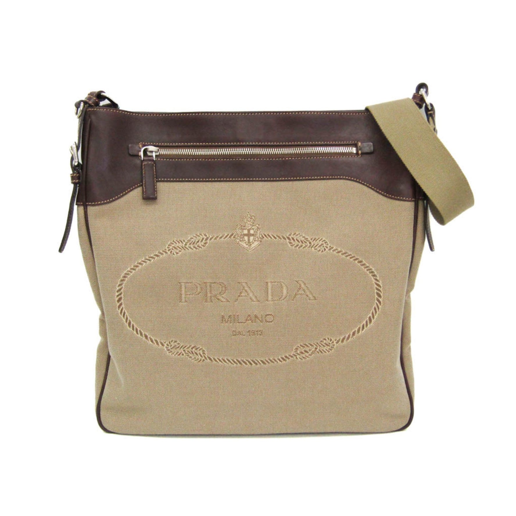 Prada VA0649 Women,Men Leather,Jacquard Shoulder Bag Beige,Dark Brown