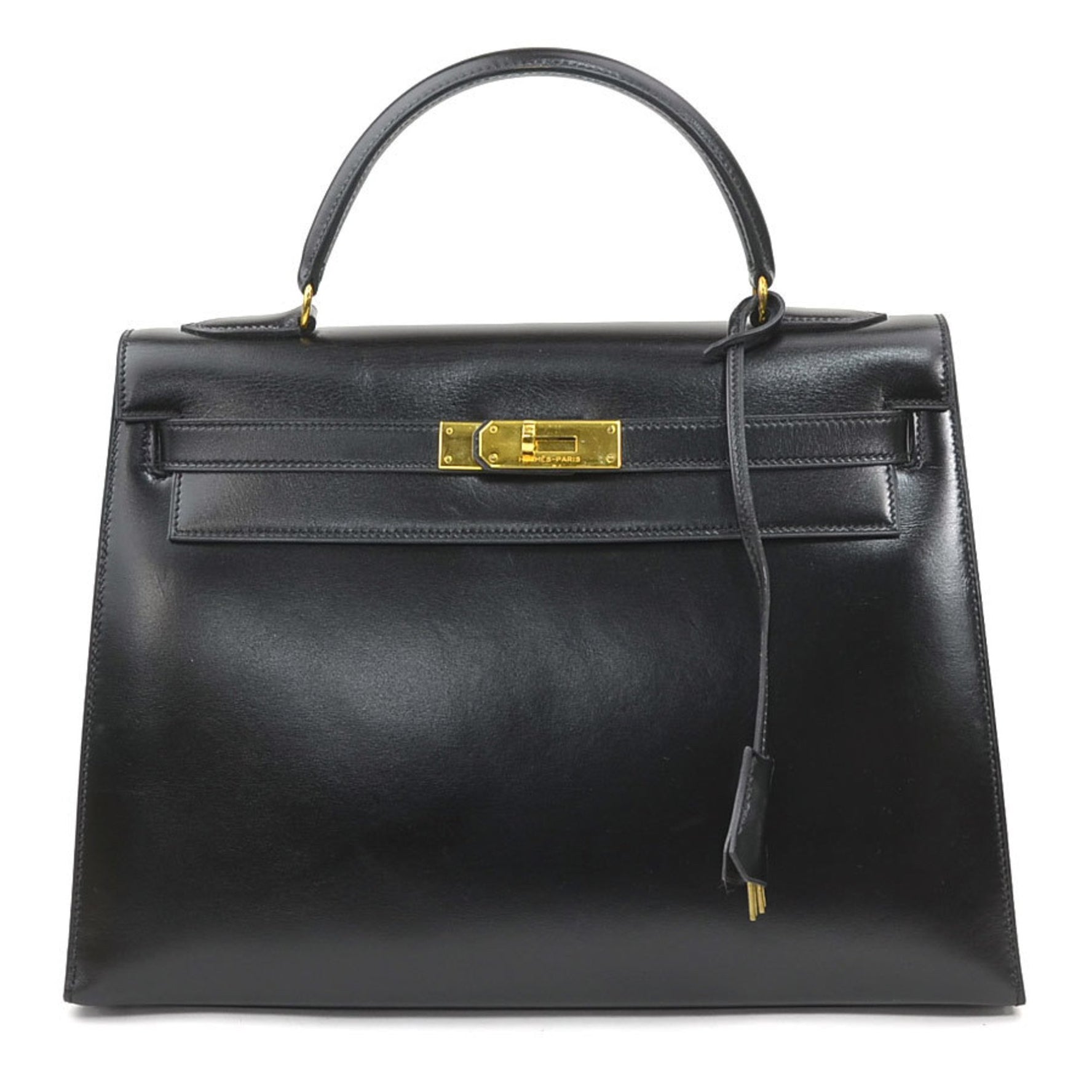 Hermes Hermès Kelly 32 Handbag, Box Calf Leather, Black and Gold, Women's, 90177a
