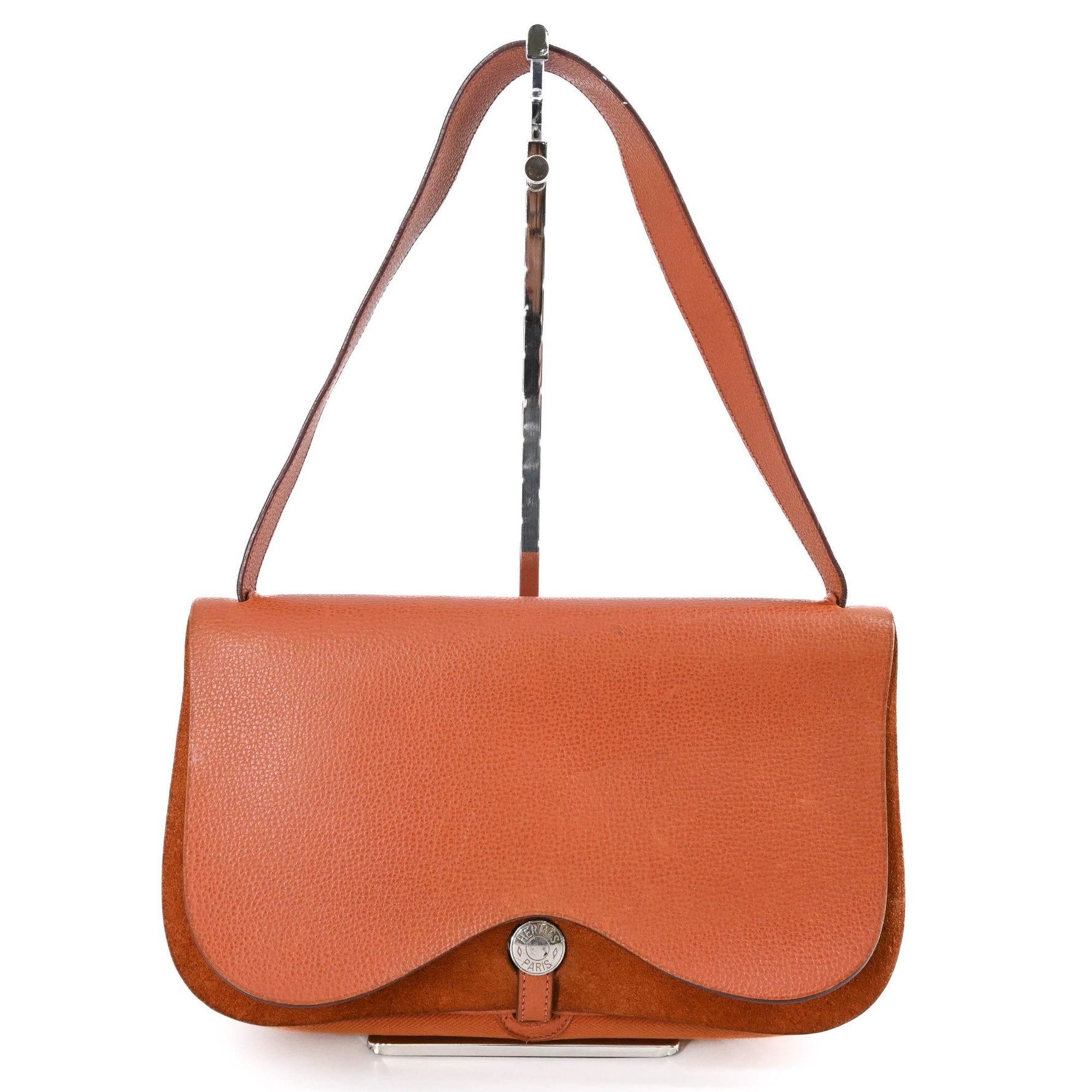 HERMES Sac Colorado MM Shoulder Handbag Potiron Orange Toile Vacherie Leather #□I