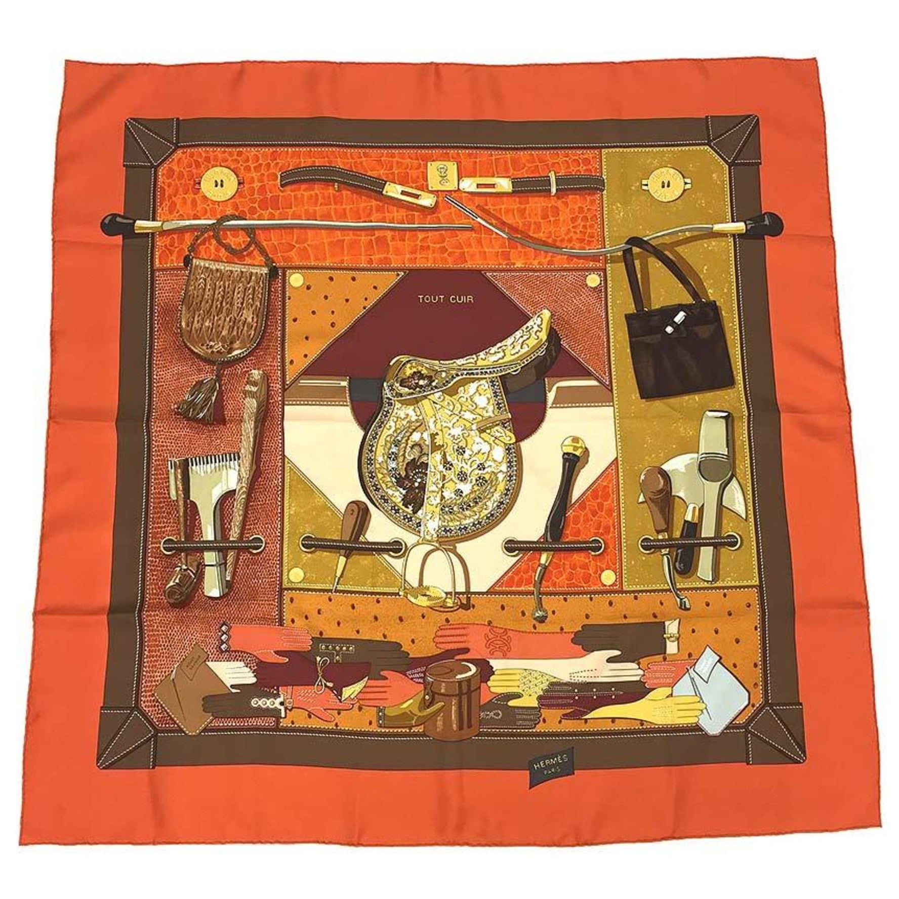 HERMES Carre 90 Scarf Muffler TOUT CUIR All leather Horse tack Gloves Bag Orange x Brown 100% silk