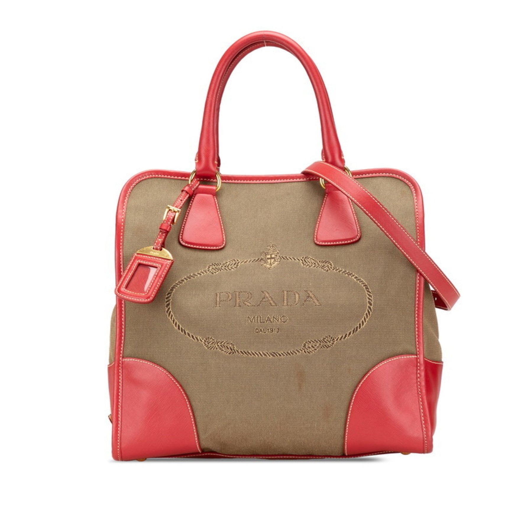 Prada Triangle Plate Saffiano Handbag Shoulder Bag Red Beige Canvas Leather