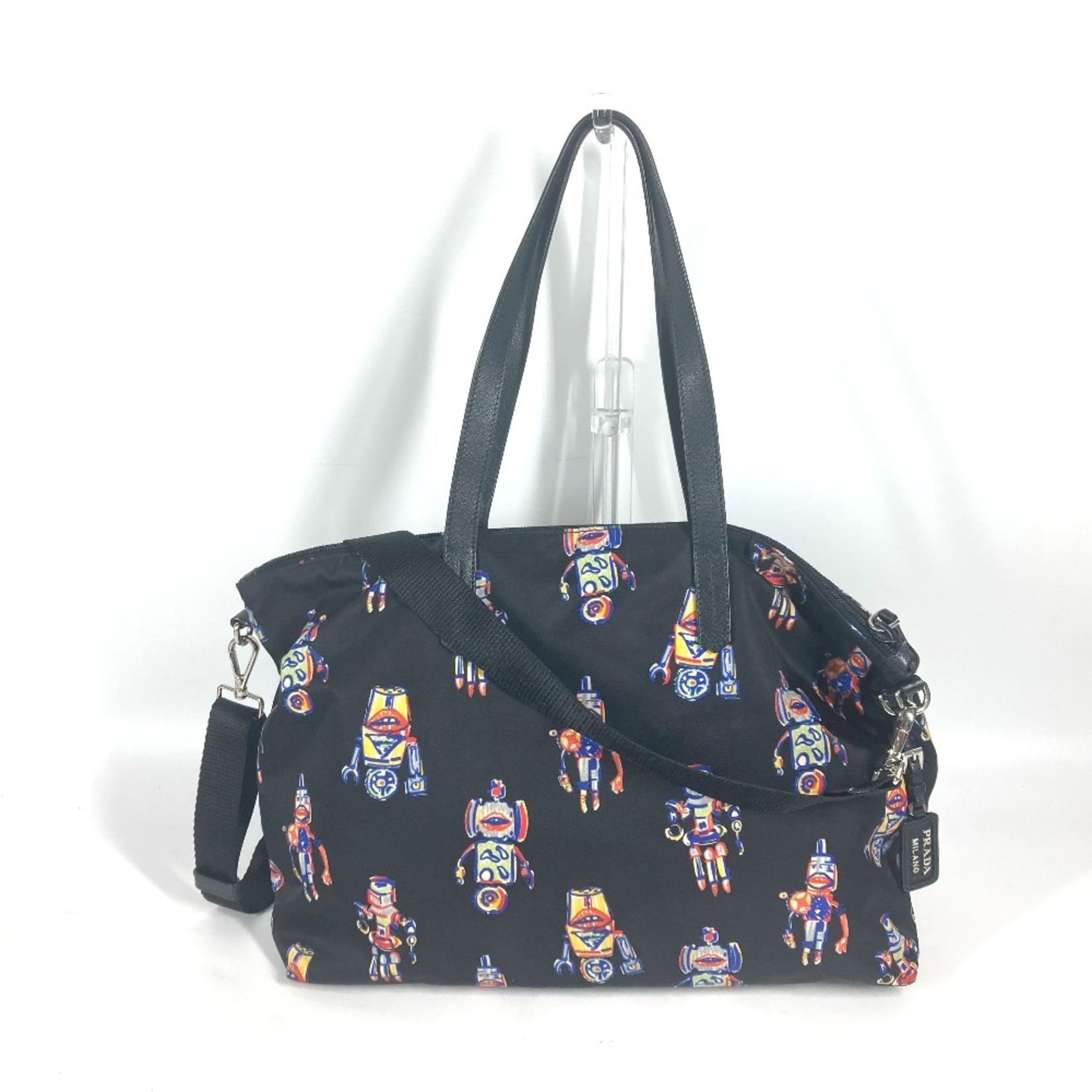 PRADA Shoulder Bag Crossbody Robot Triangle Logo Plate Tote Nylon Men's Black