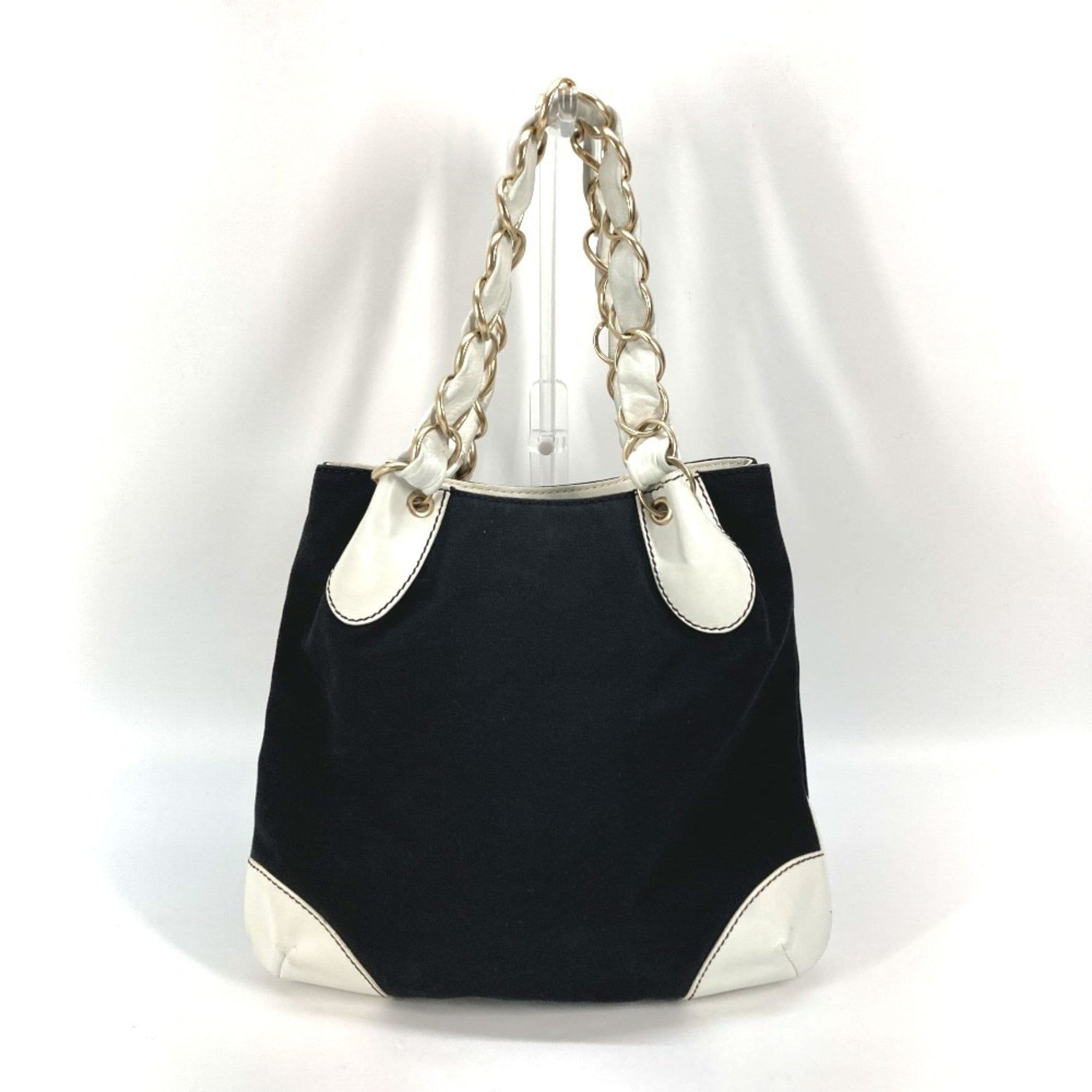 CHANEL Bicolor Deca Coco Chain Tote Bag Shoulder Canvas Leather Black