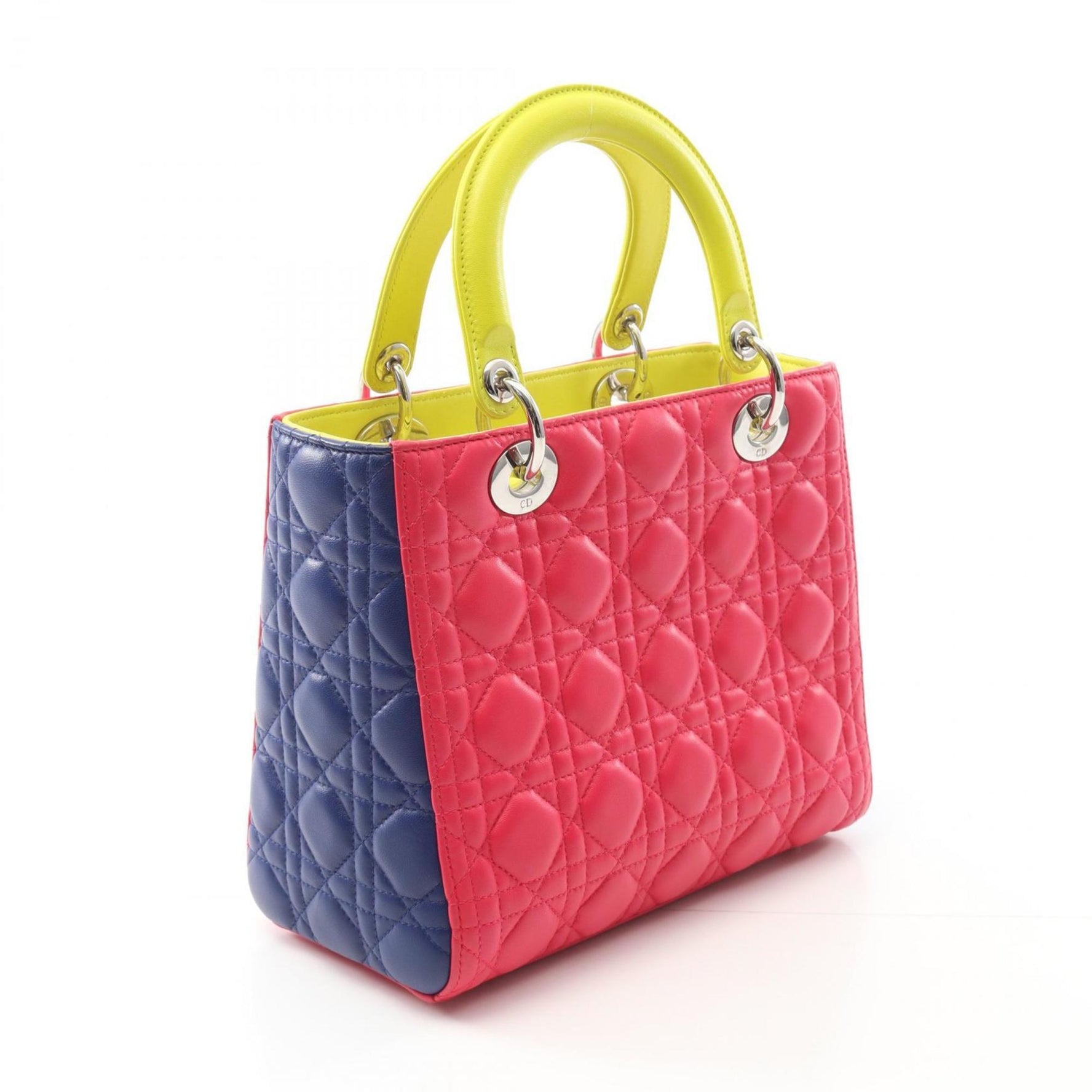 Christian Dior Dior Lady Cannage Handbag Leather Bag Pink / Yellow Blue
