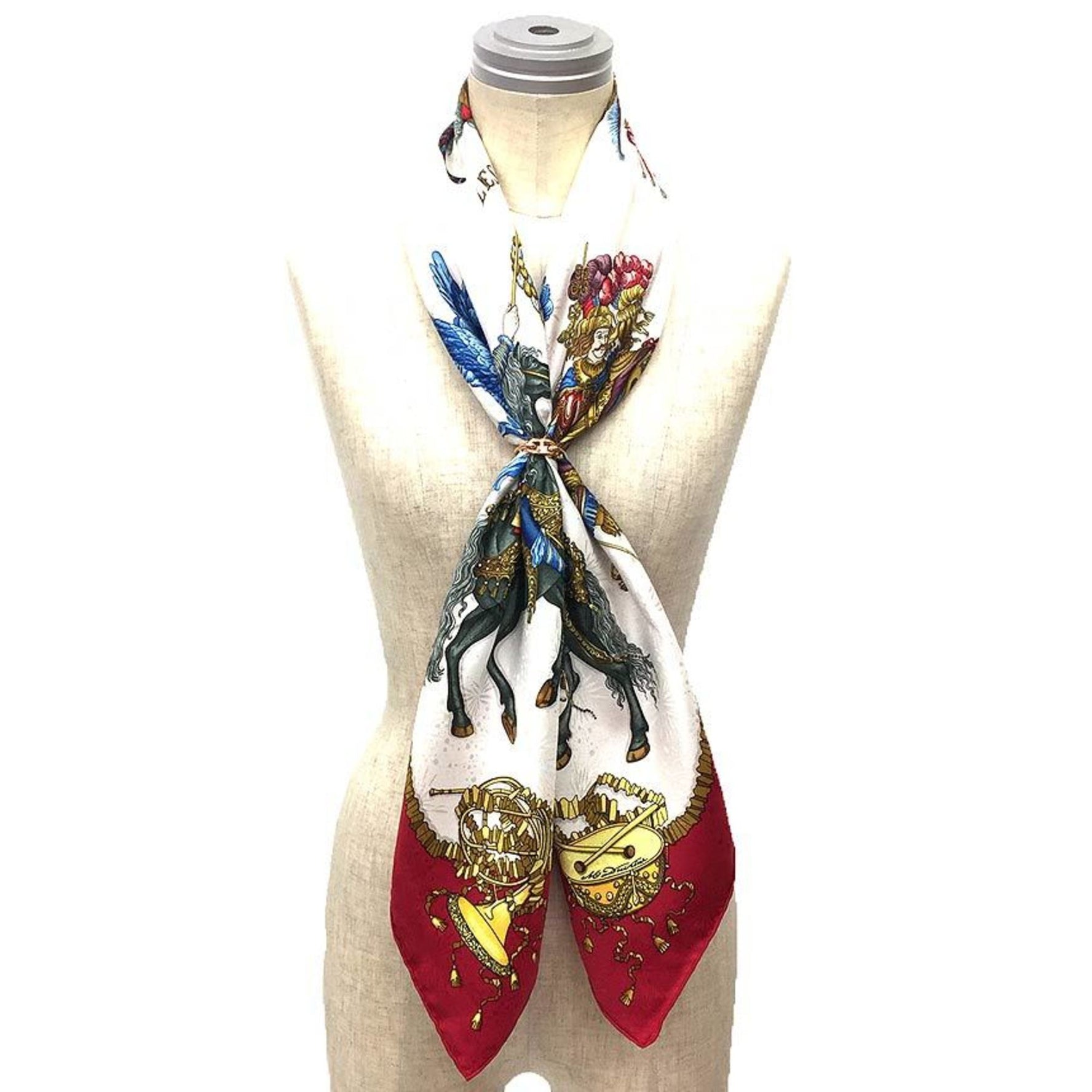 Sale HERMES Scarf Muffler Carré 90 LES FETES DU ROI SOLEIL Sun King's Celebration White x Red 100% Silk