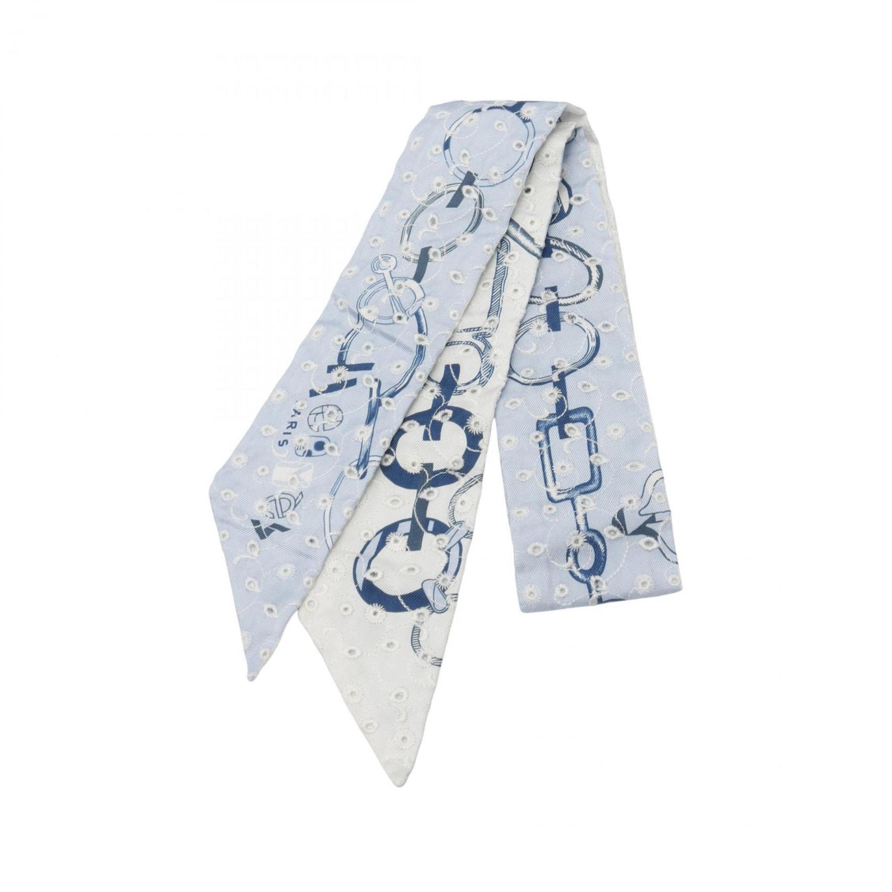 Hermes Hermès Twilly Do Re Boucles Broderie Anglaise Silk Scarf in Blue and White