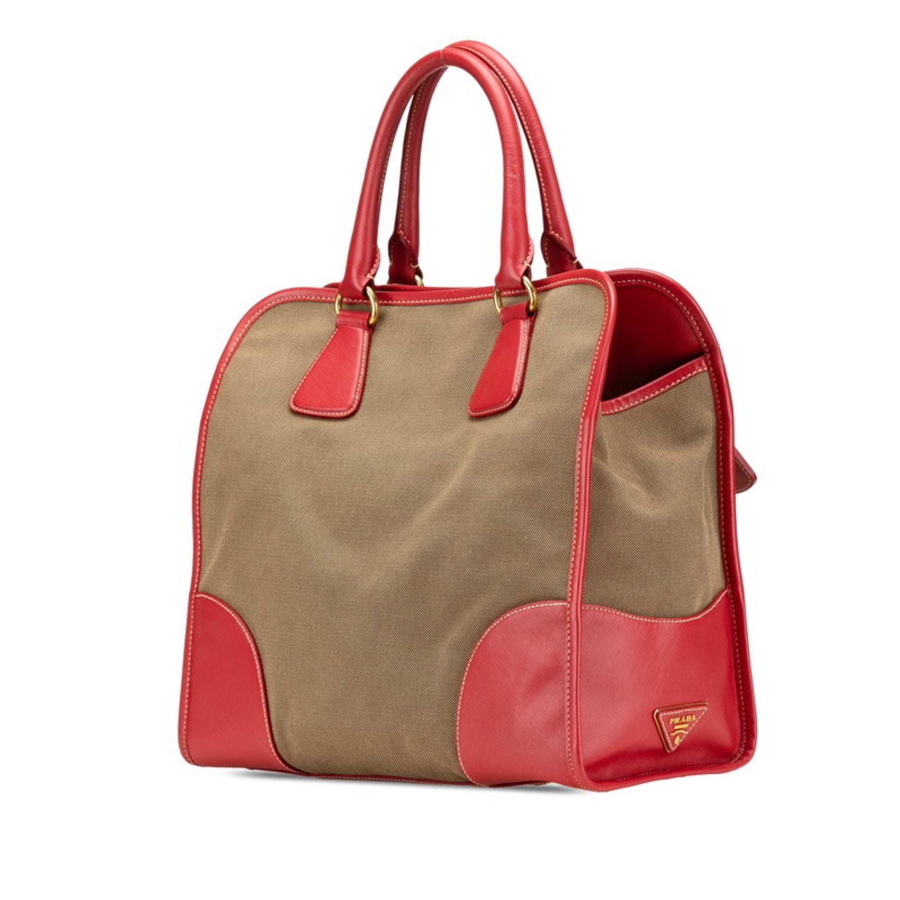 Prada Triangle Plate Saffiano Handbag Shoulder Bag Red Beige Canvas Leather