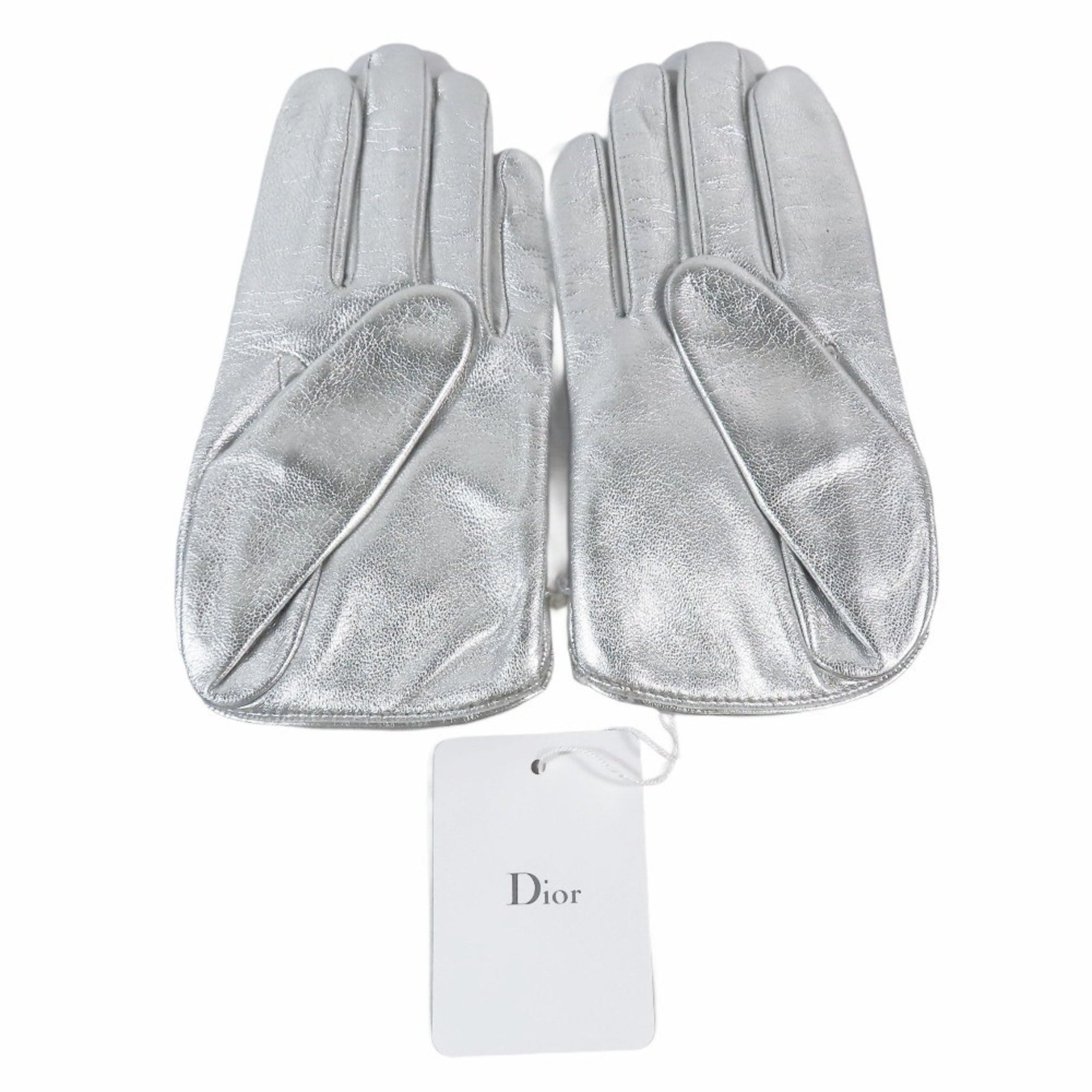 Christian Dior Lamb Leather Gloves with Logo and Pearl Chain Charm, Metallic