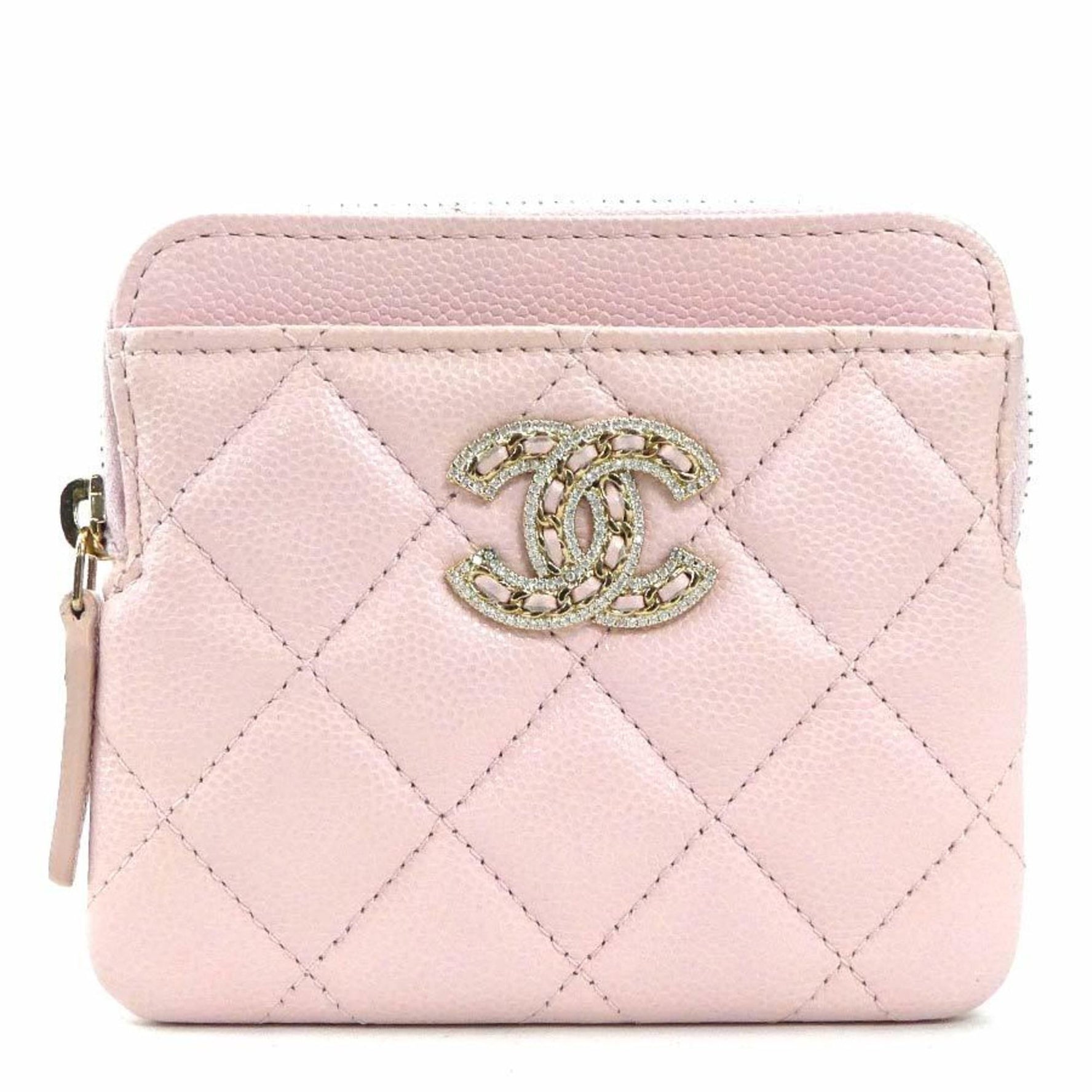 CHANEL Wallet/Coin Case 19 Zip Caviar Skin Leather Light Pink