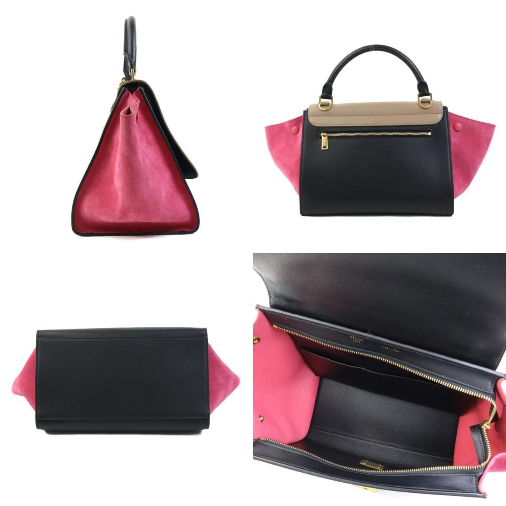 CELINE handbag shoulder bag trapeze leather suede brown black pink gold