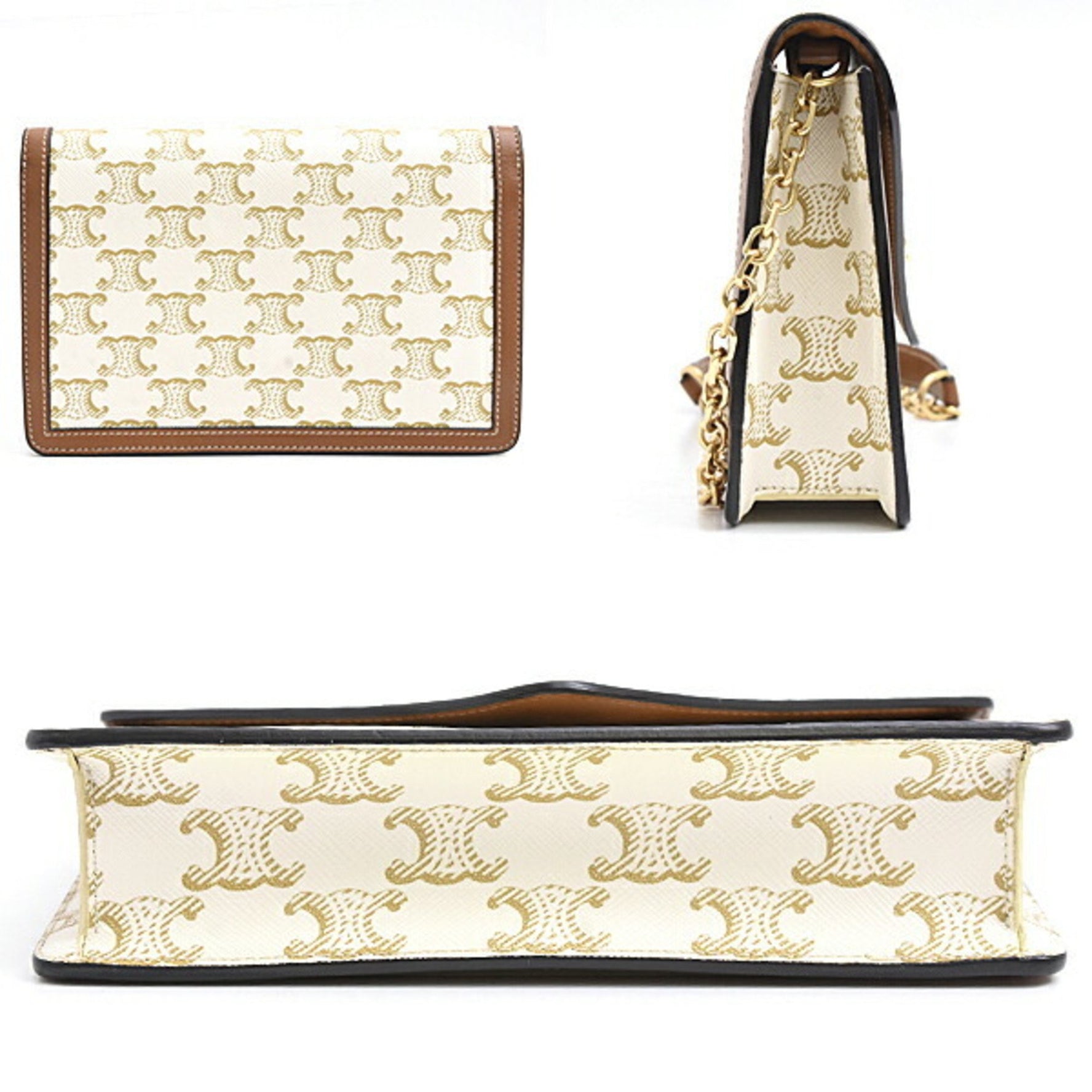 Celine Triomphe Chain Shoulder Wallet Purse Pochette Off-White Brown