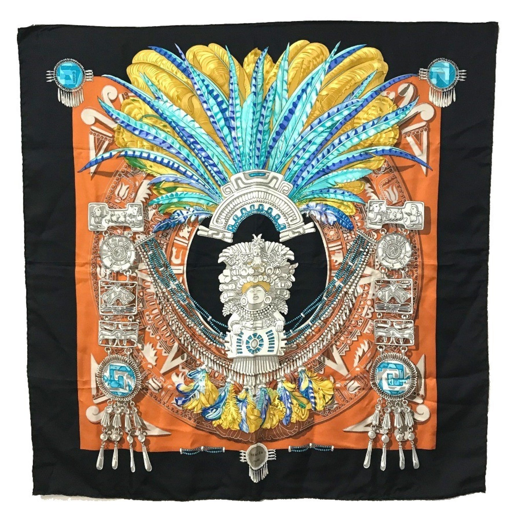 HERMES Carré 90 Buddha Carnival Scarf Silk Muffler Black/Multicolor