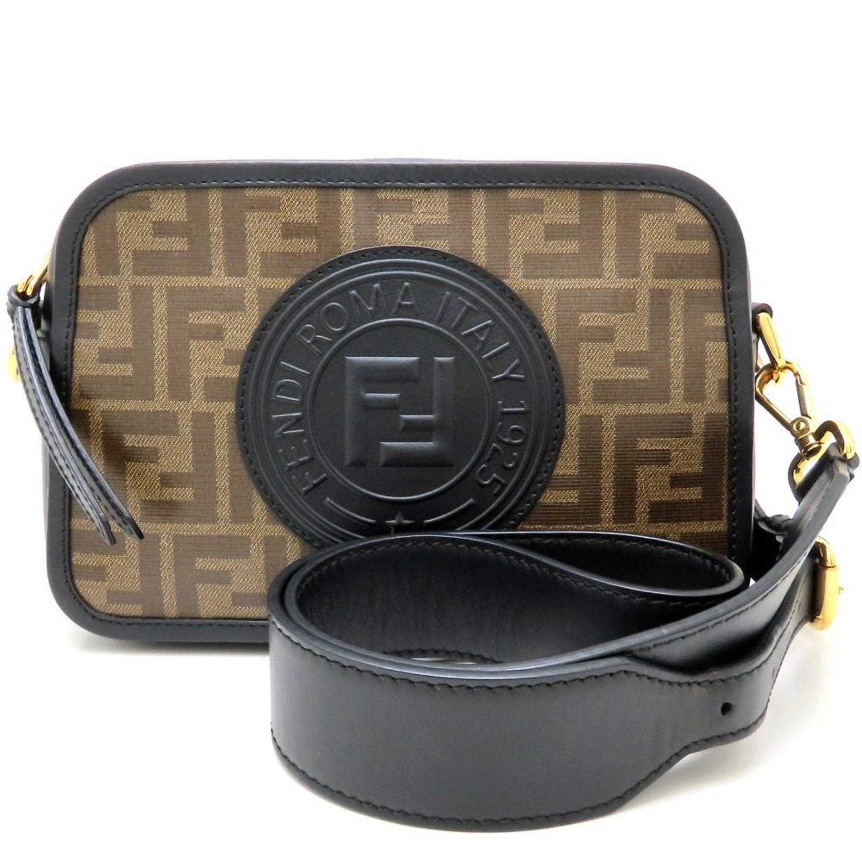 FENDI Camzucca Shoulder Bag Coated Canvas x Leather Brown Black