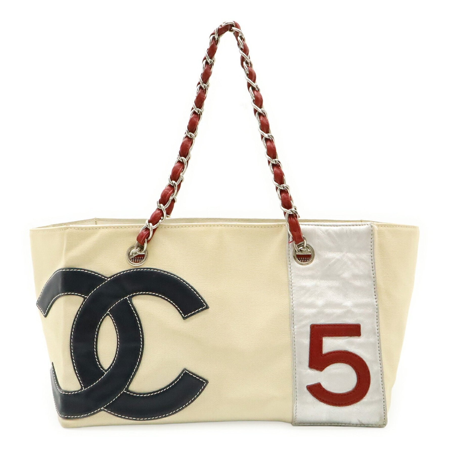 CHANEL Coco Mark No. 5 Shoulder Bag, Tote Chain Canvas, Leather, Ivory, Red, Silver