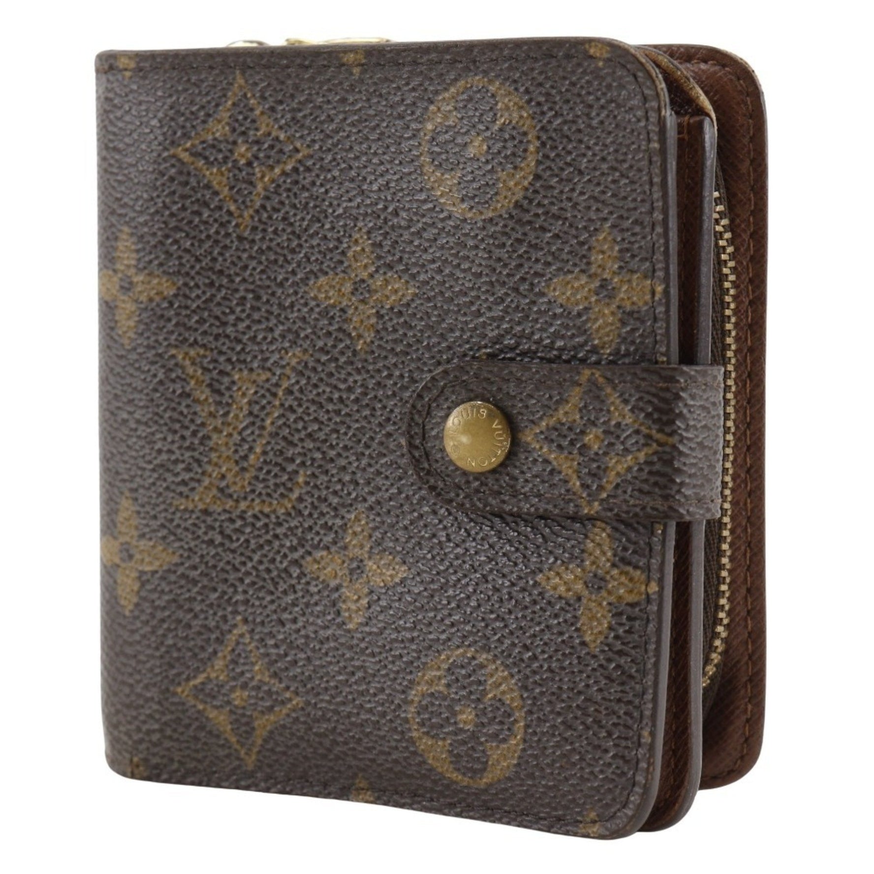 Louis Vuitton Compact Zip Bi-fold Wallet Monogram Canvas 2005 Brown Snap Button Unisex