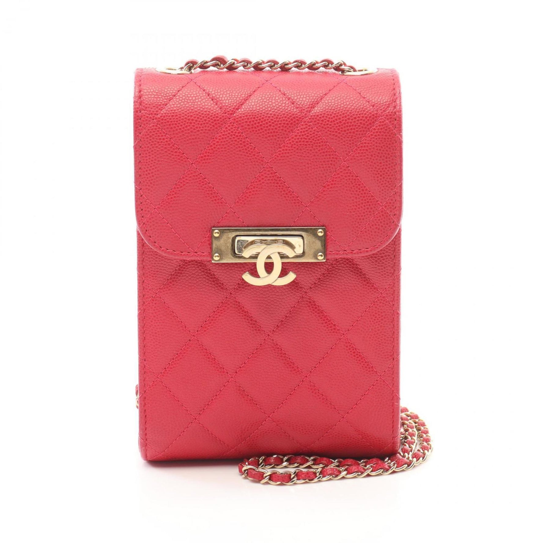 CHANEL Matelasse Phone Pouch Shoulder Bag Leather Grained Calfskin Red