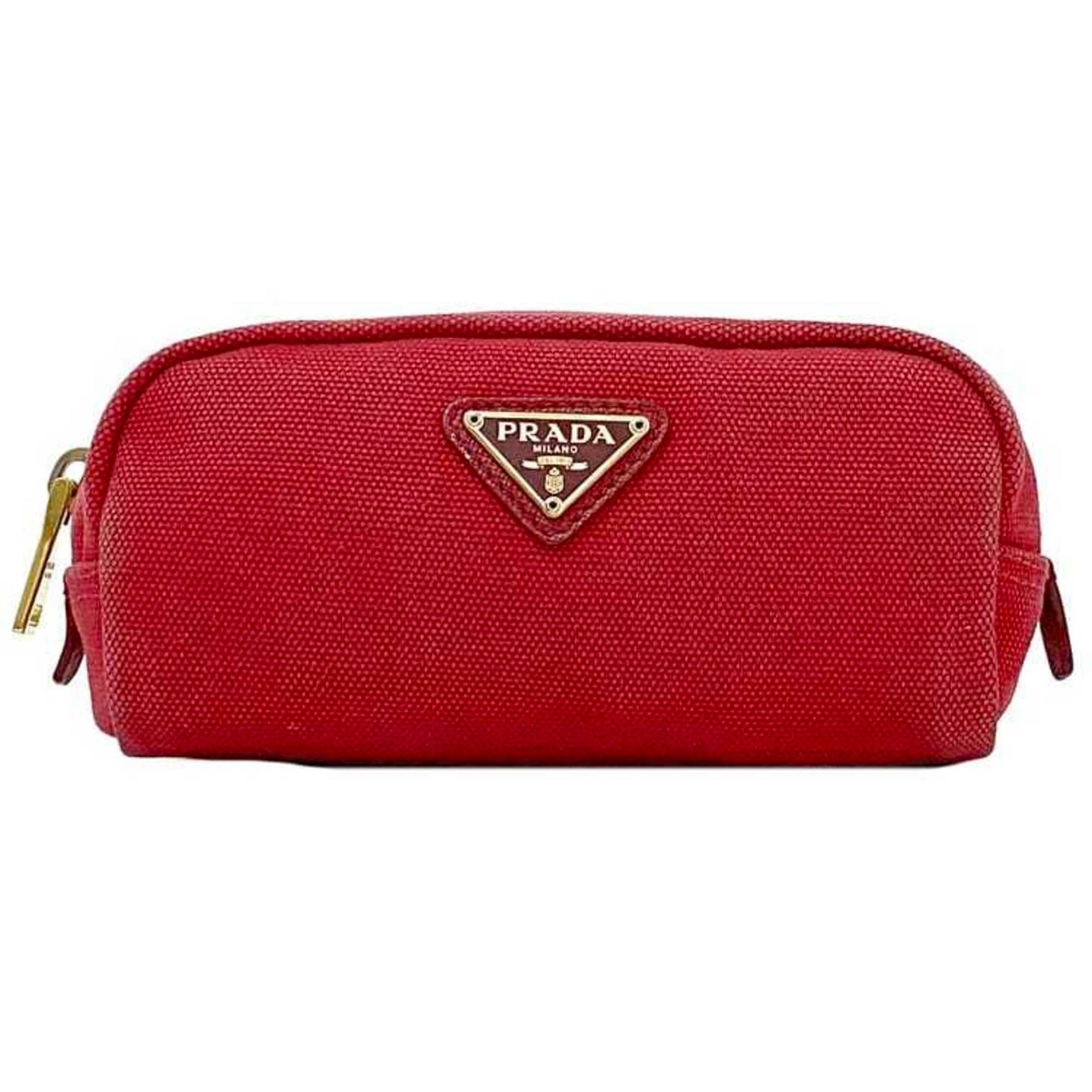 Prada pouch red canvas leather 204 triangular plate case compact
