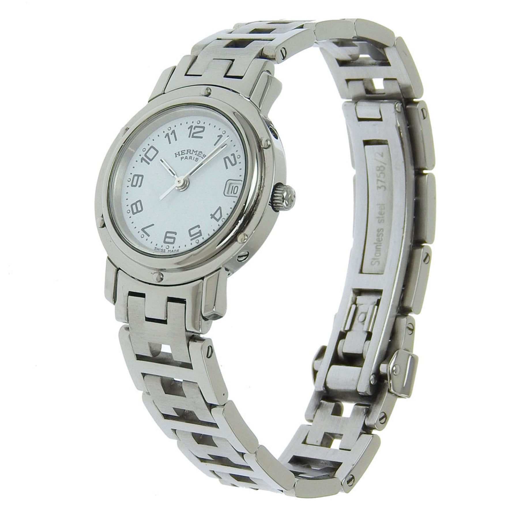 Hermes Clipper Watch Stainless Steel Quartz Analog Display White Dial