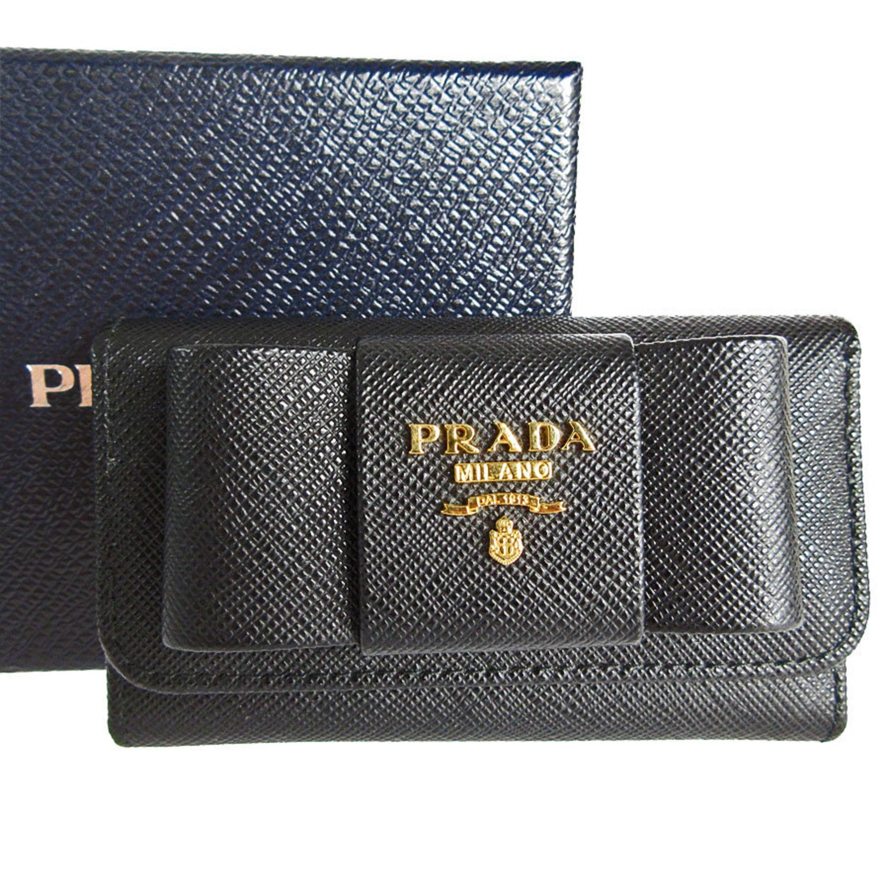 PRADA Key Case Ribbon Leather Metal Gold