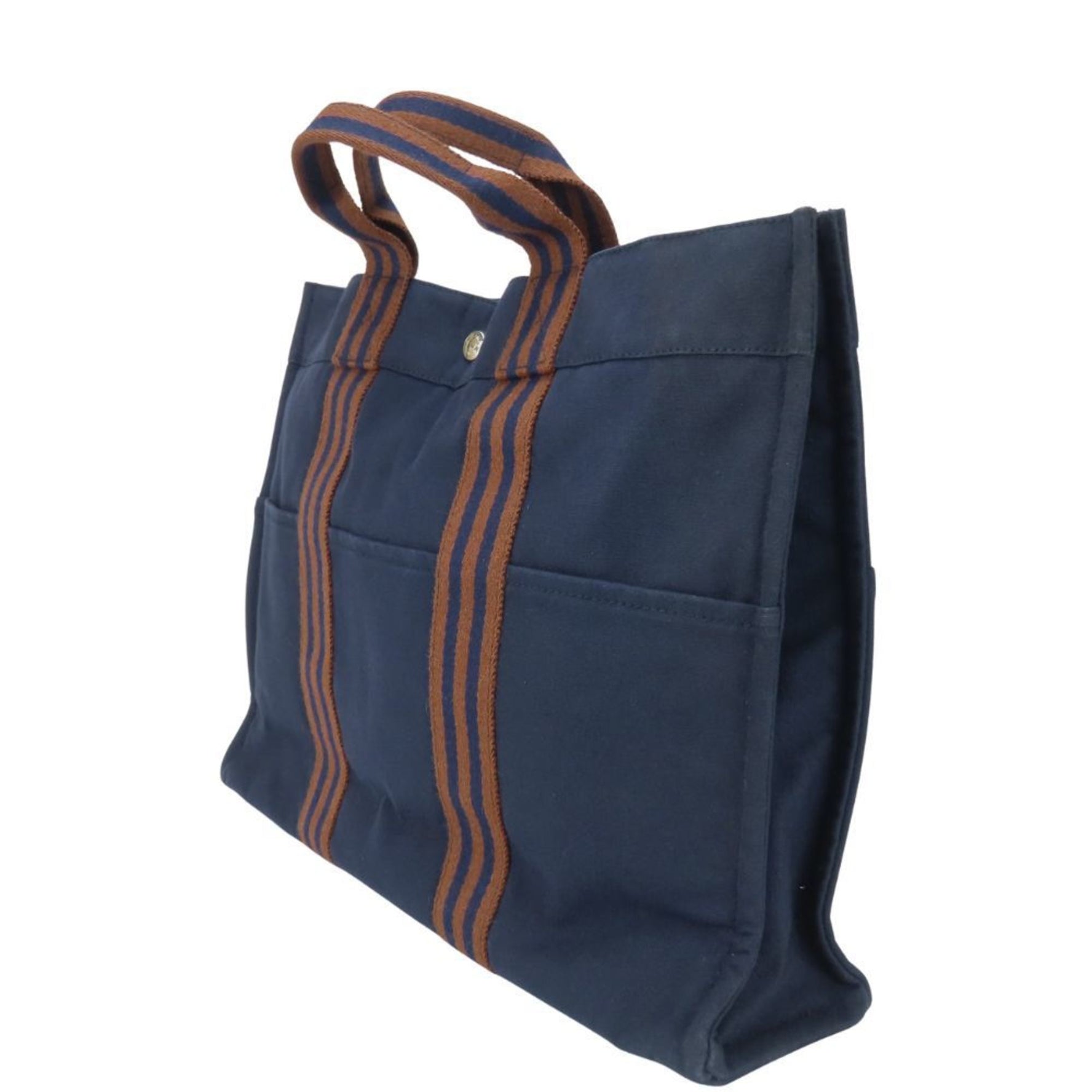 Hermes Tote Bag, Foul Tou MM, Cotton Canvas, Navy and Brown