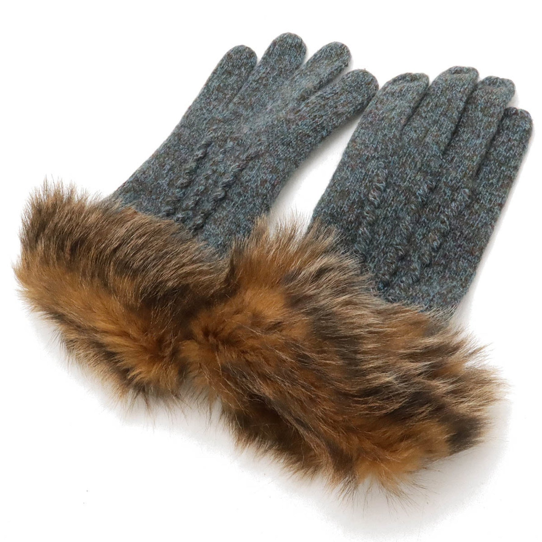 FENDI Gloves Wool Leather Fur Blue Gray Brown