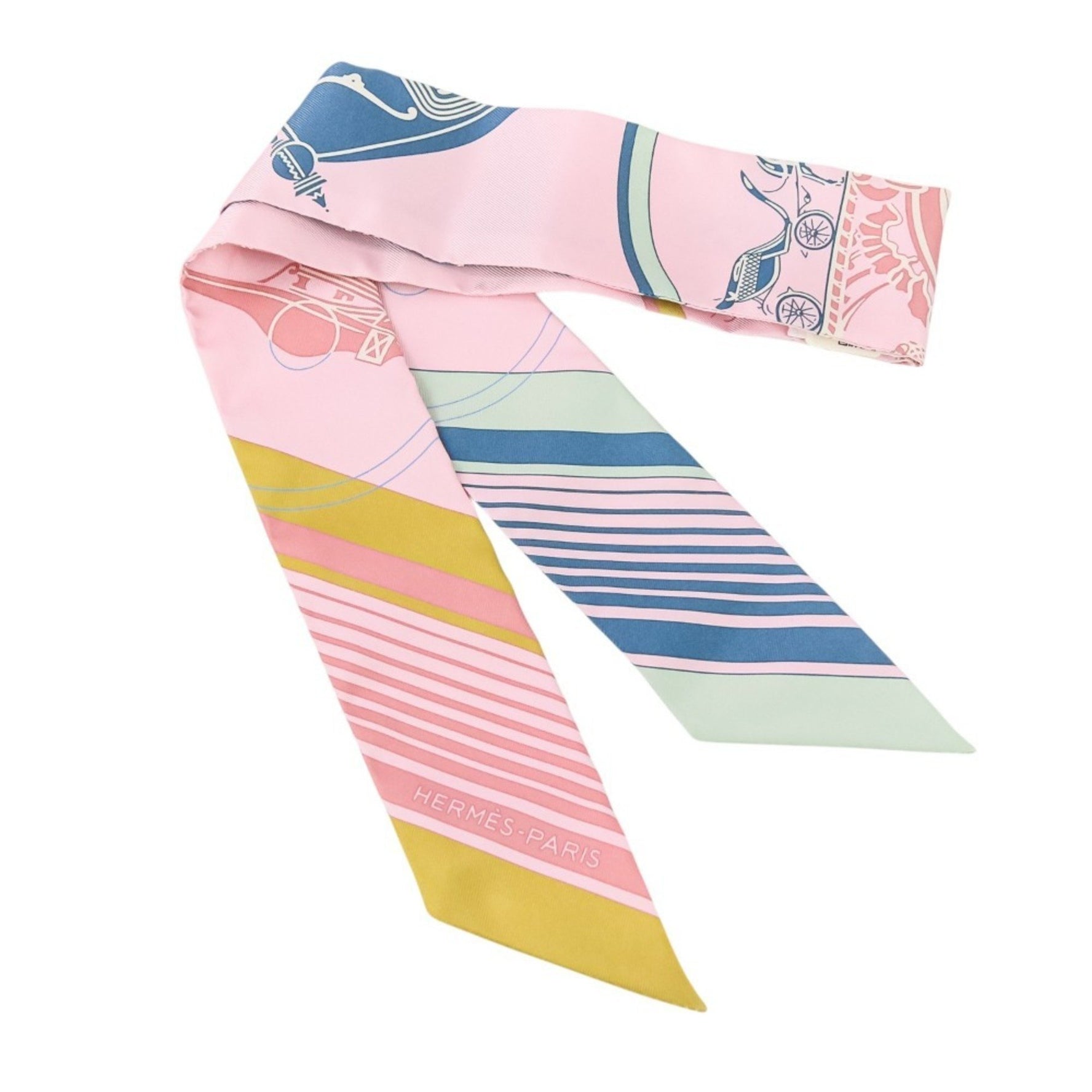 HERMES Twilly Ex-Libris Silk Scarf/Muffler in Rose Pale Ocher Vert