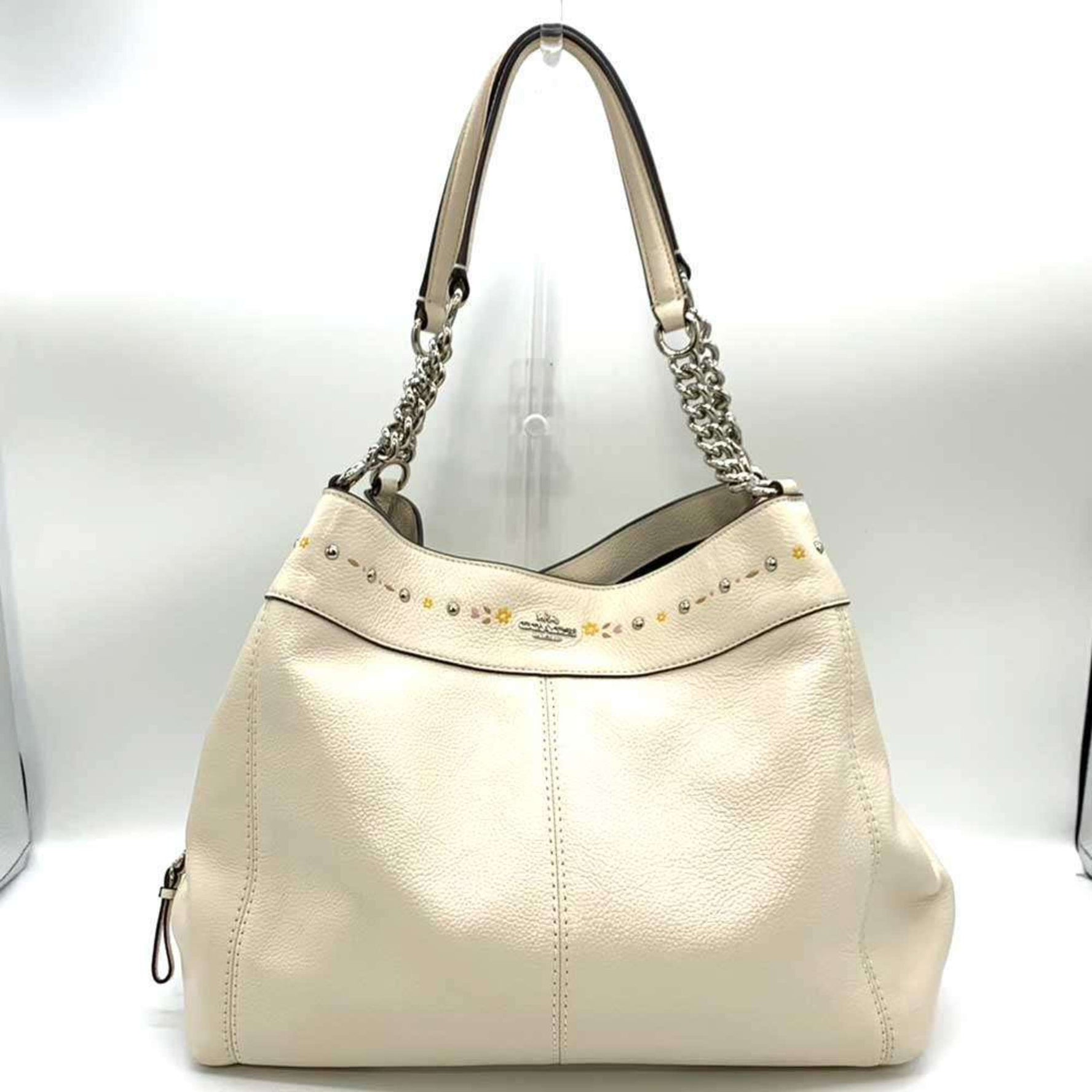 Coach Bag Chalk Floral Chain Tote Print Studs Leather
