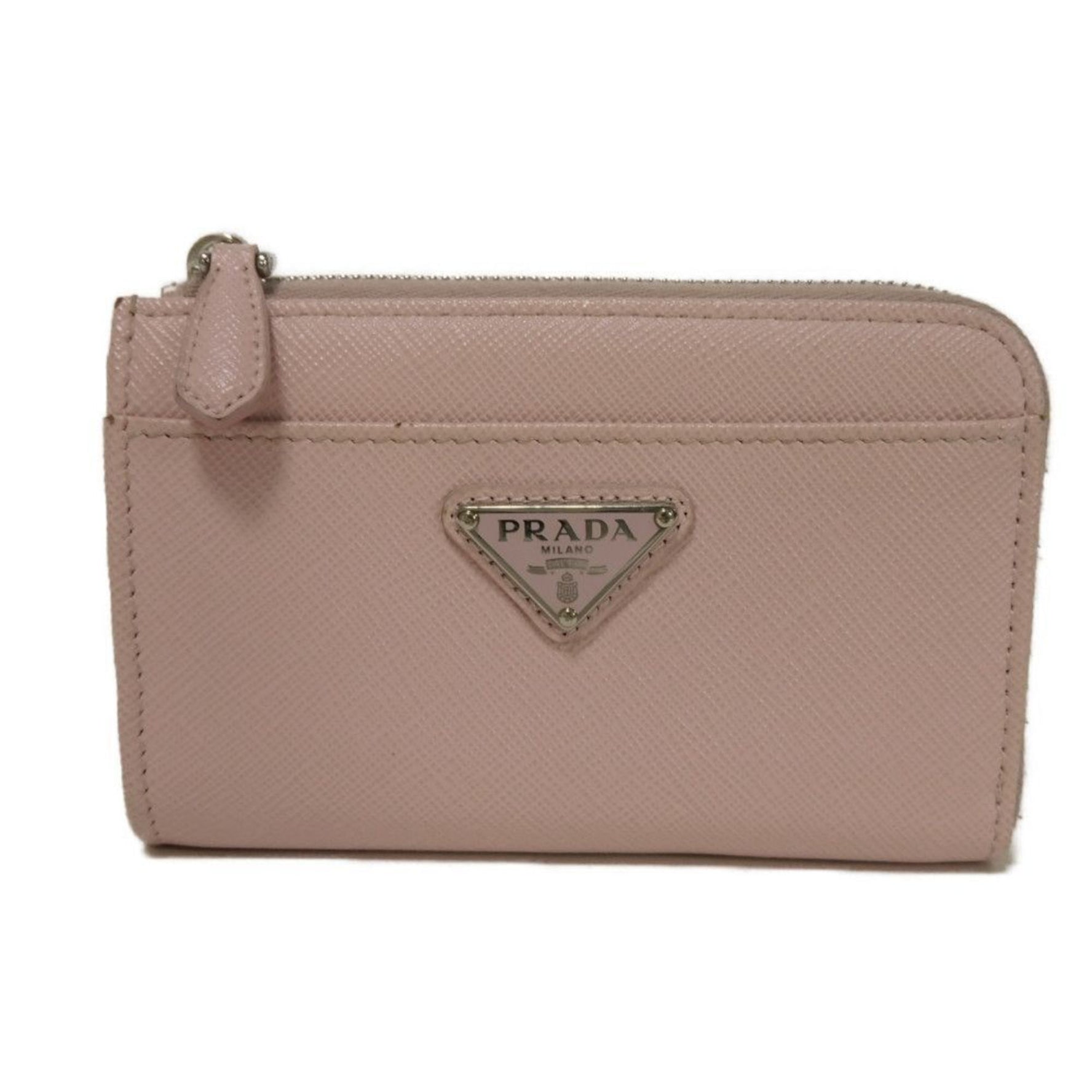 PRADA Coin Case Saffiano Key Holder L-Shaped Ring Card RFID Triangle Pink