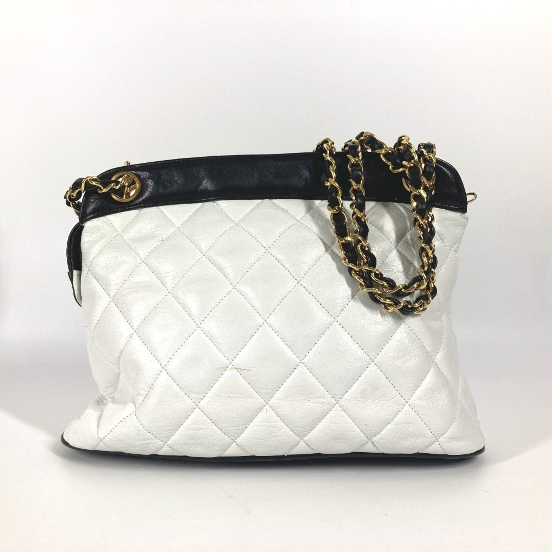 CHANEL Vintage Bicolor CC Coco Mark Double Chain Shoulder Bag Leather White
