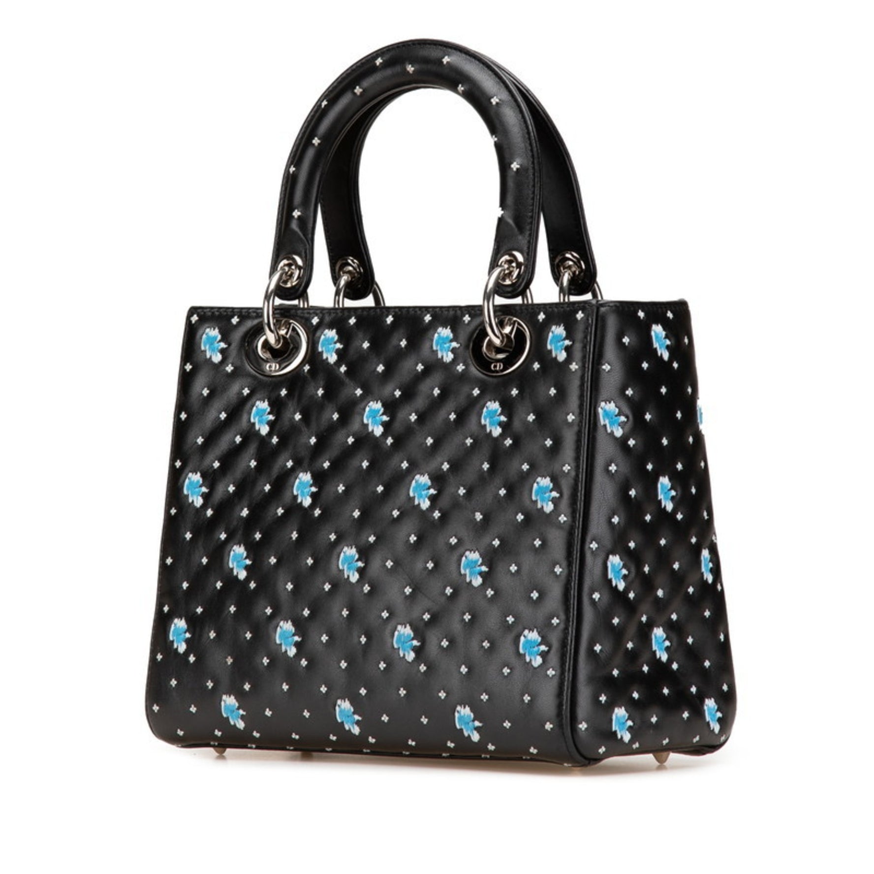 Christian Dior Dior Embroidered Flower Handbag/Shoulder Bag, Black/Blue Leather