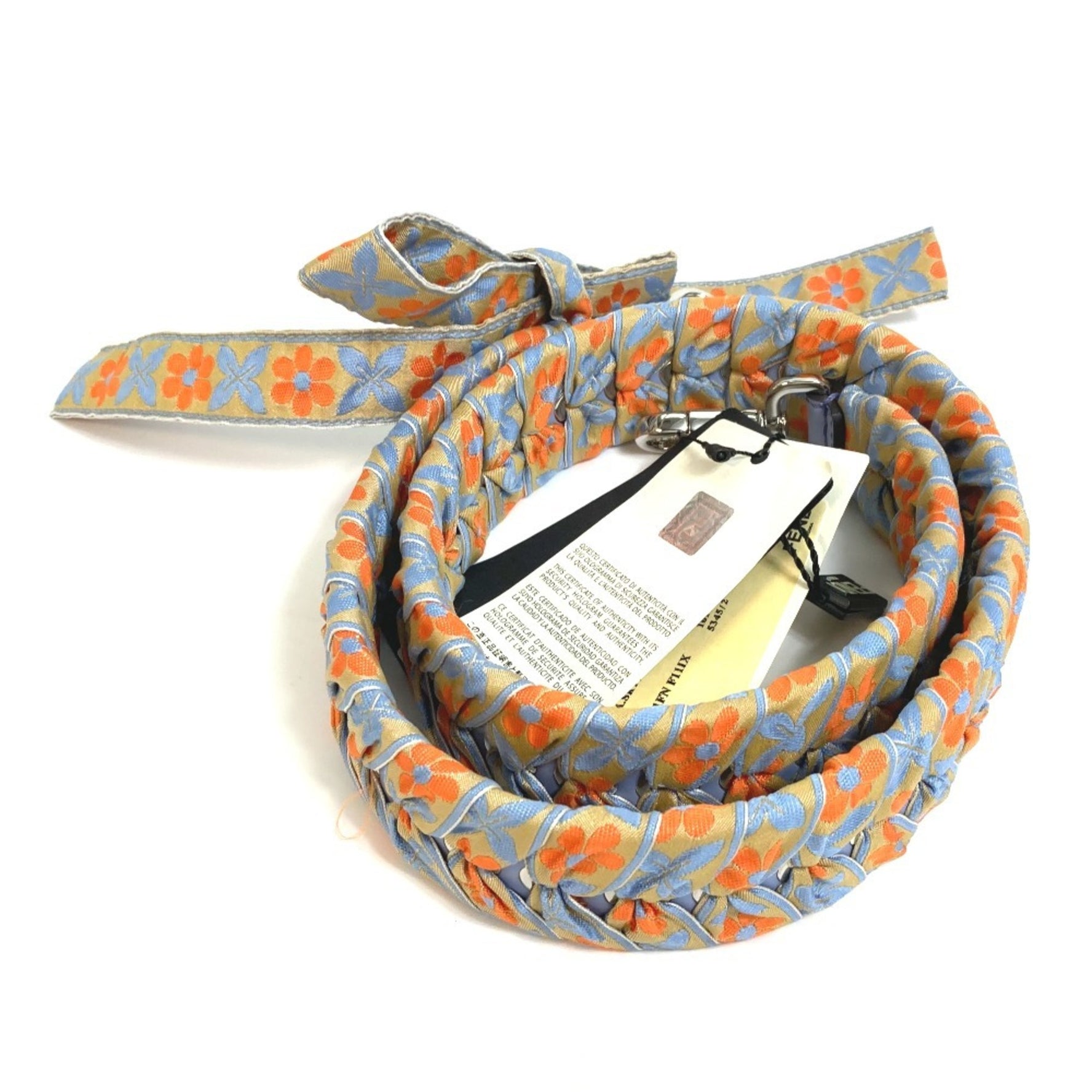 FENDI Flower Ribbon Strap You Shoulder Leather Canvas Blue x Orange