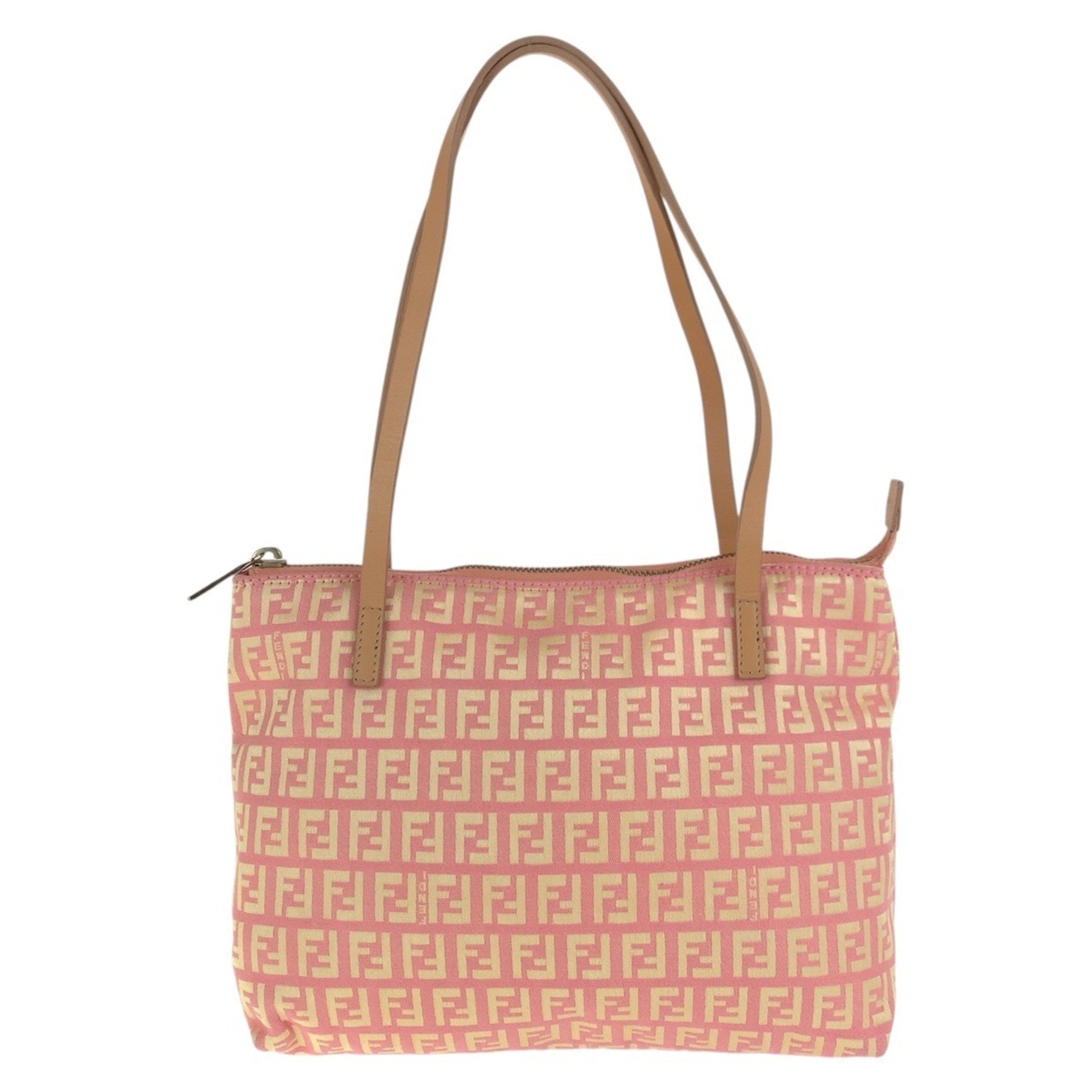 FENDI Zucchino Pink Beige Gold Hardware Canvas Leather 2305 028 Tote Bag Shoulder