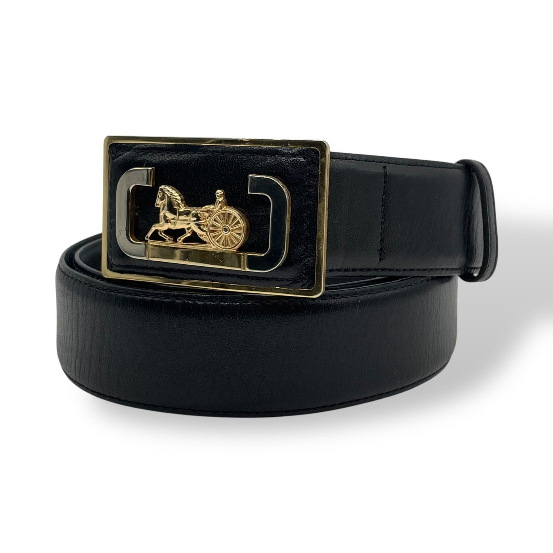 CELINE Belt with Horse-Drawn Metal and Gold Buckle, Leather, Men's