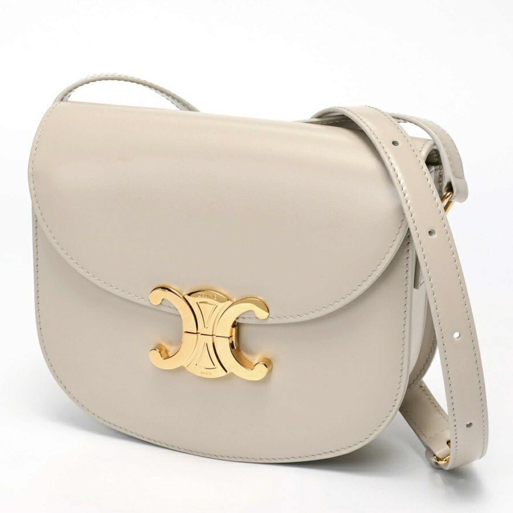 CELINE Teen Besas Qu Triomphe Shoulder Bag Shiny Calfskin Light Grey