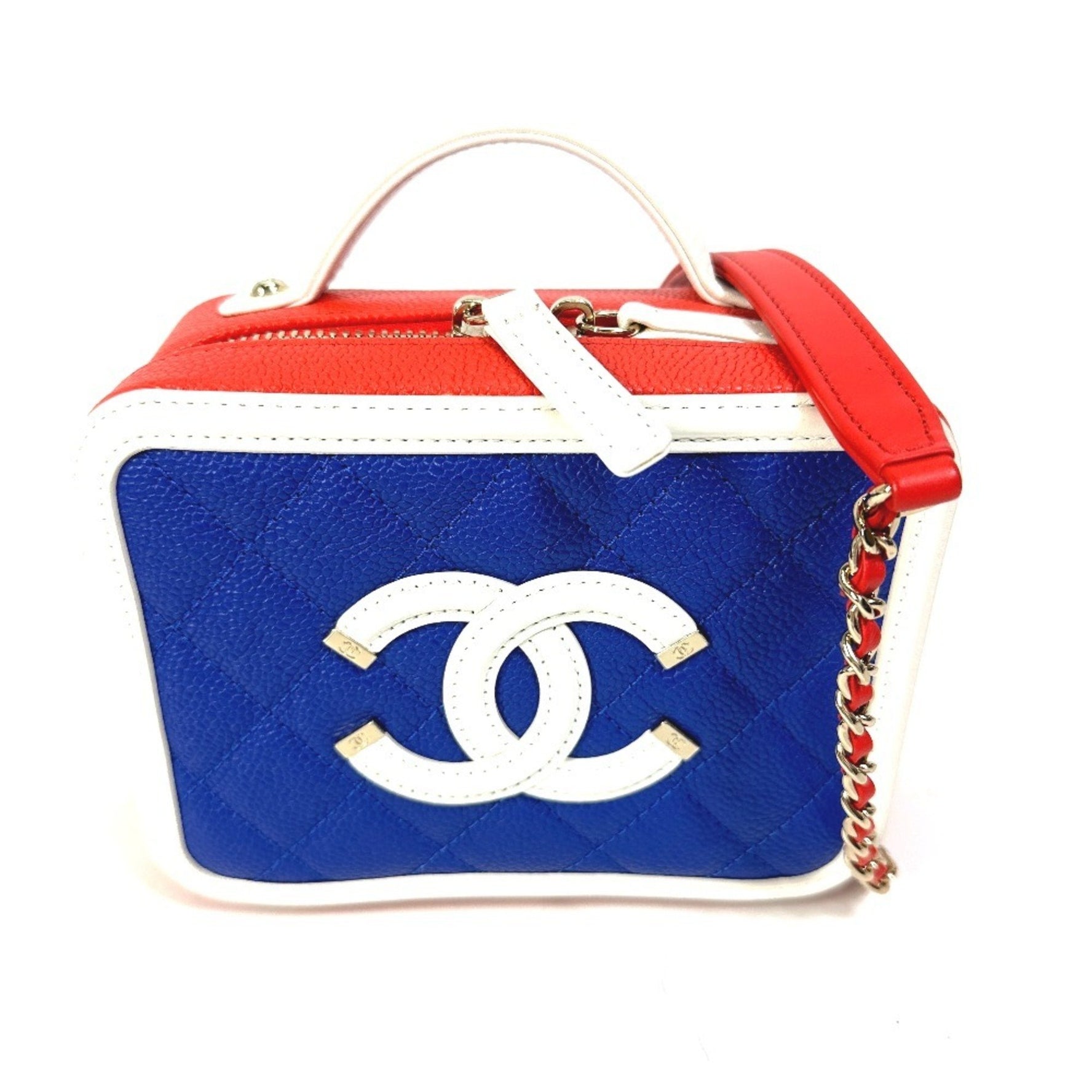 CHANEL Coco Mark CC Filigree Vanity Bag, Tricolor Shoulder Caviar Leather, Red, Like New