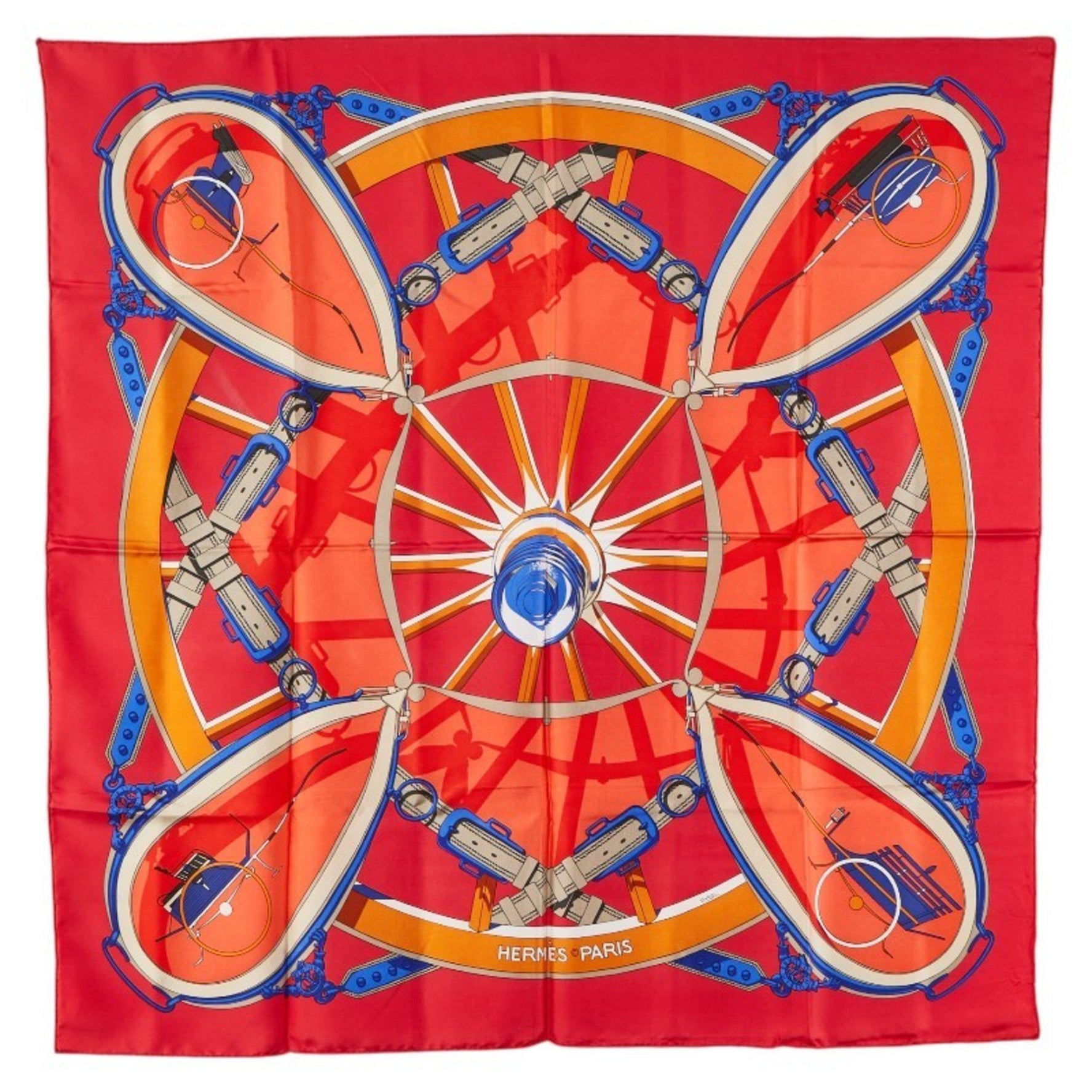 Hermes Hermès Carré 90 "En Roue Libre" (Wheel of Freedom) scarf, red and multicolored silk, .