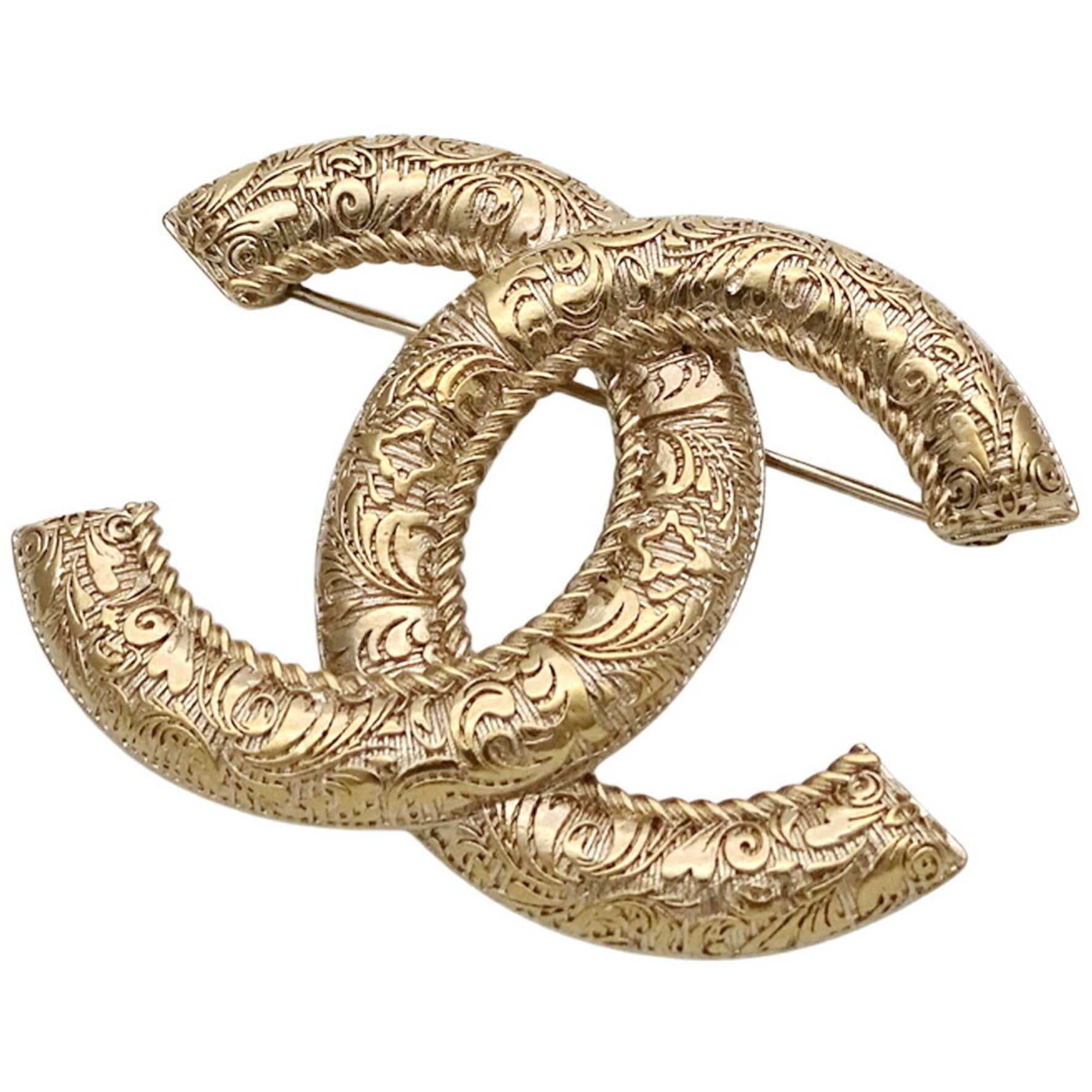 CHANEL Brooch Coco Carving Metal Champagne Mark