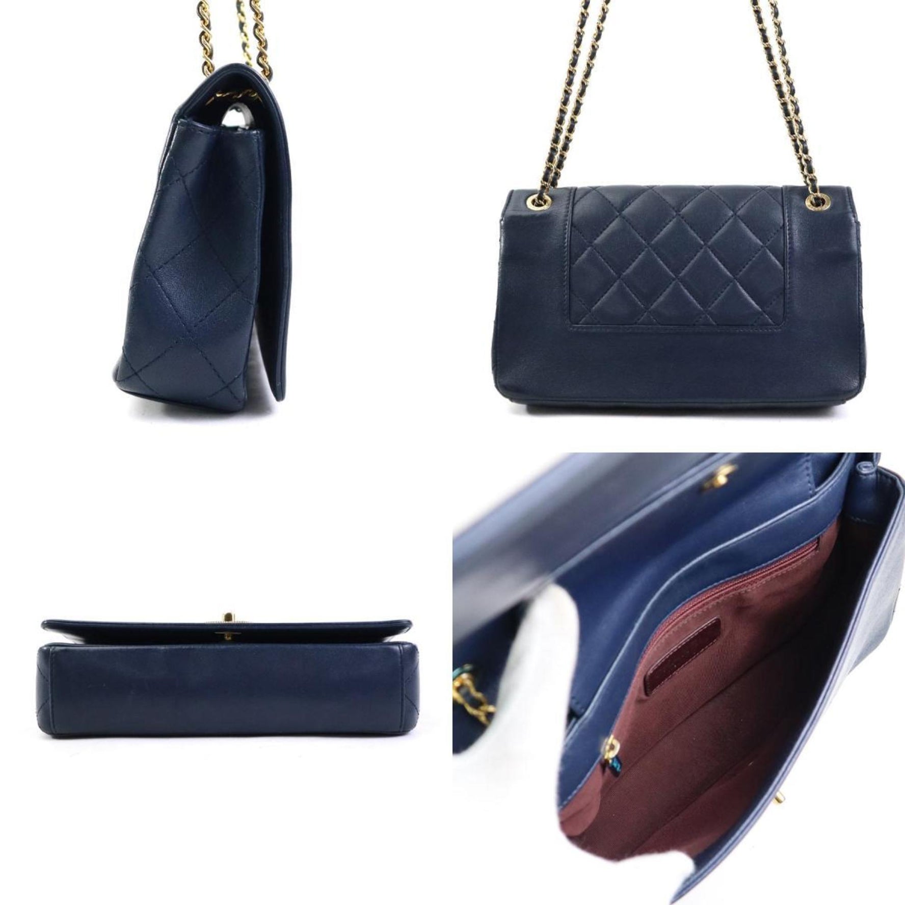CHANEL Shoulder Bag Leather Metal Navy Gold