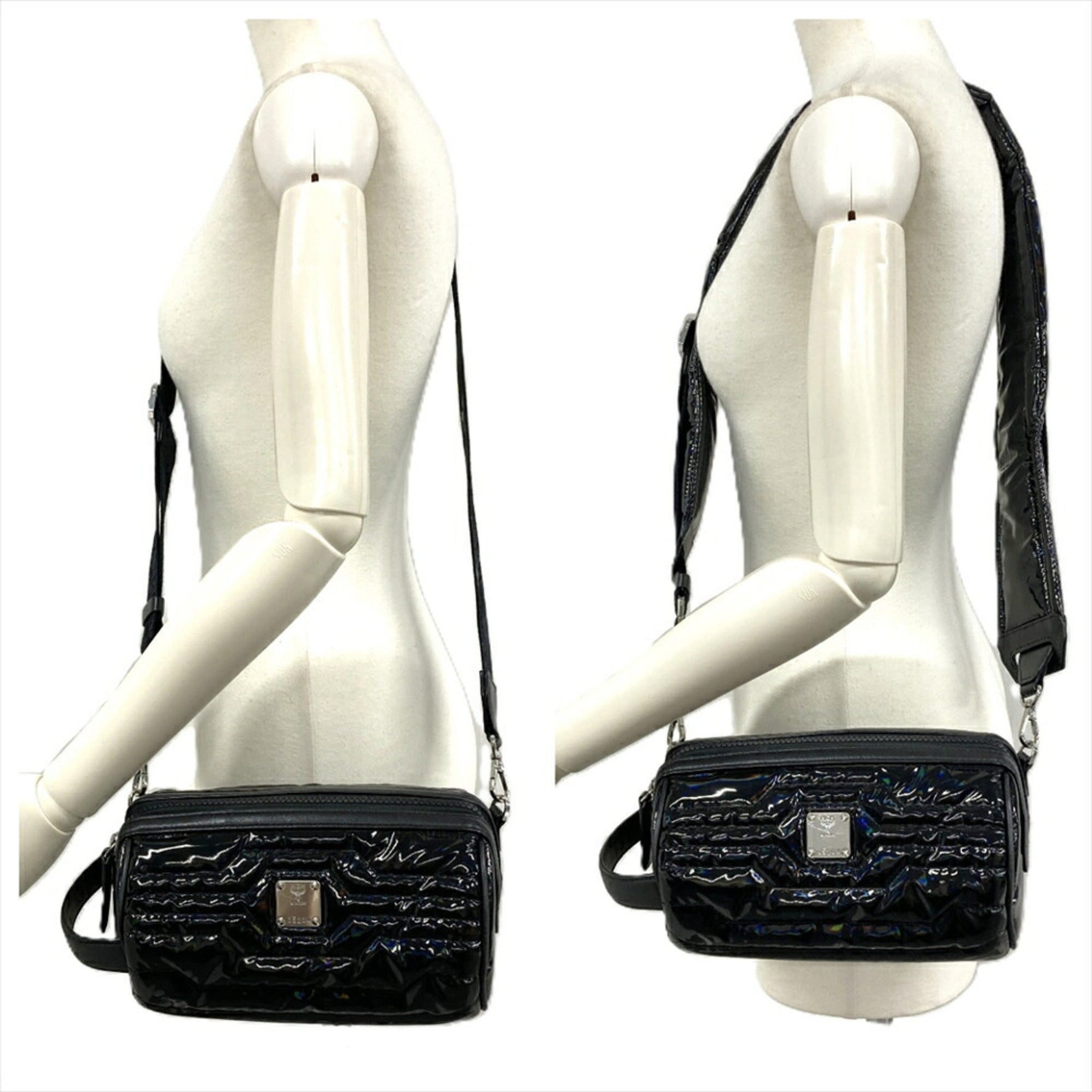 MCM Shoulder Bag Black Enamel Metallic Quilted Cylindrical