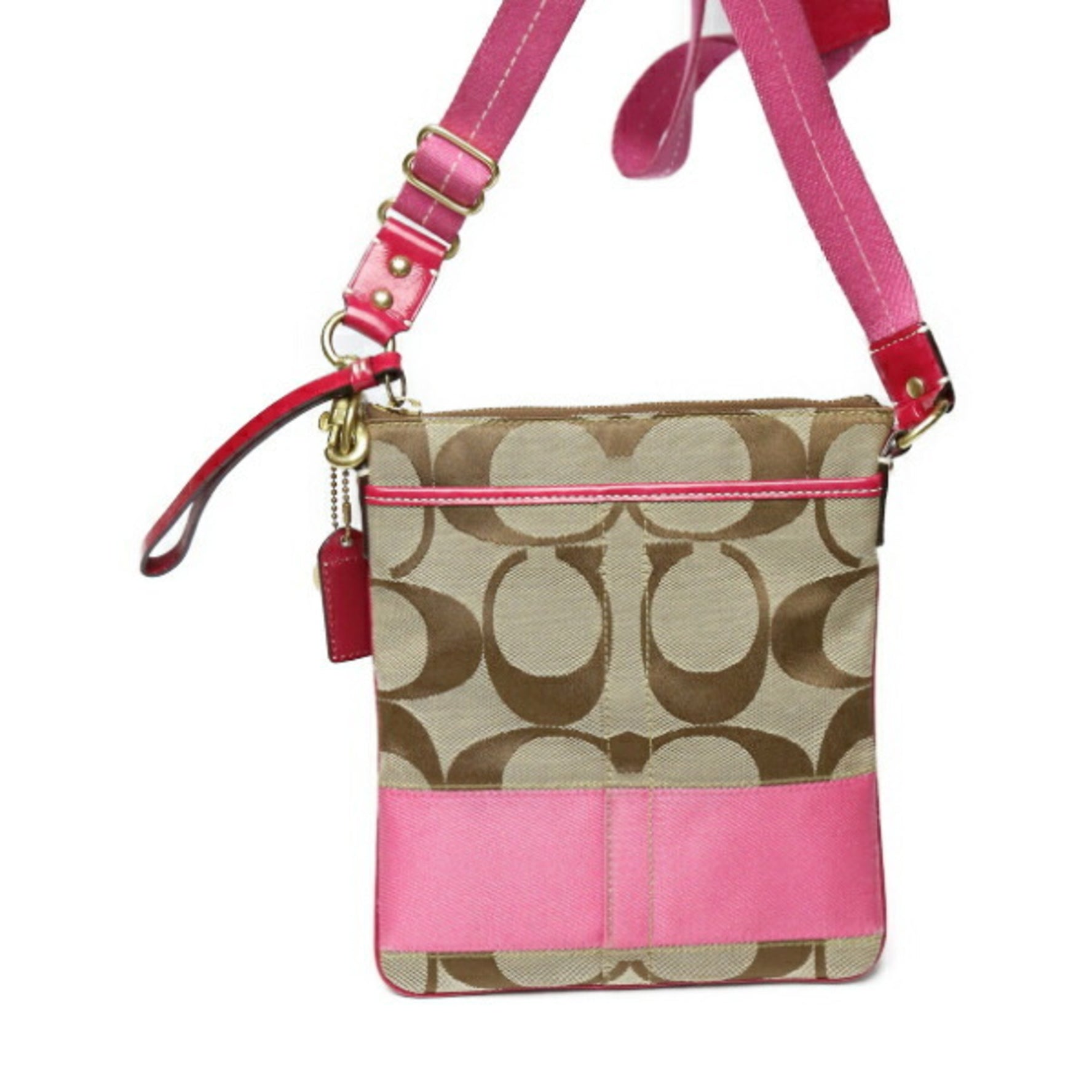COACH Signature Crossbody Bag with Outside Pocket Khaki x Pink Shoulder