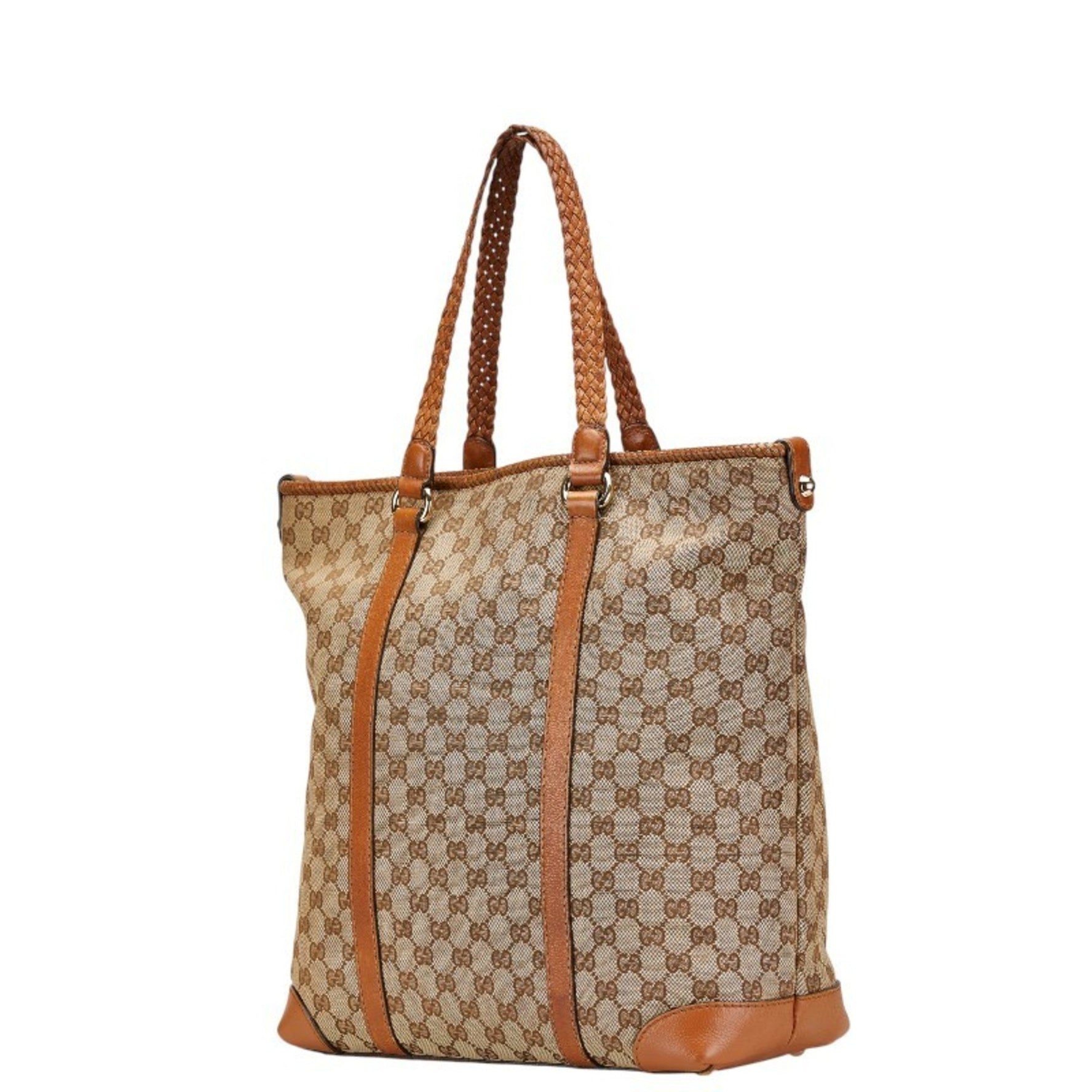 Gucci GG Canvas Tote Bag Beige Brown Leather