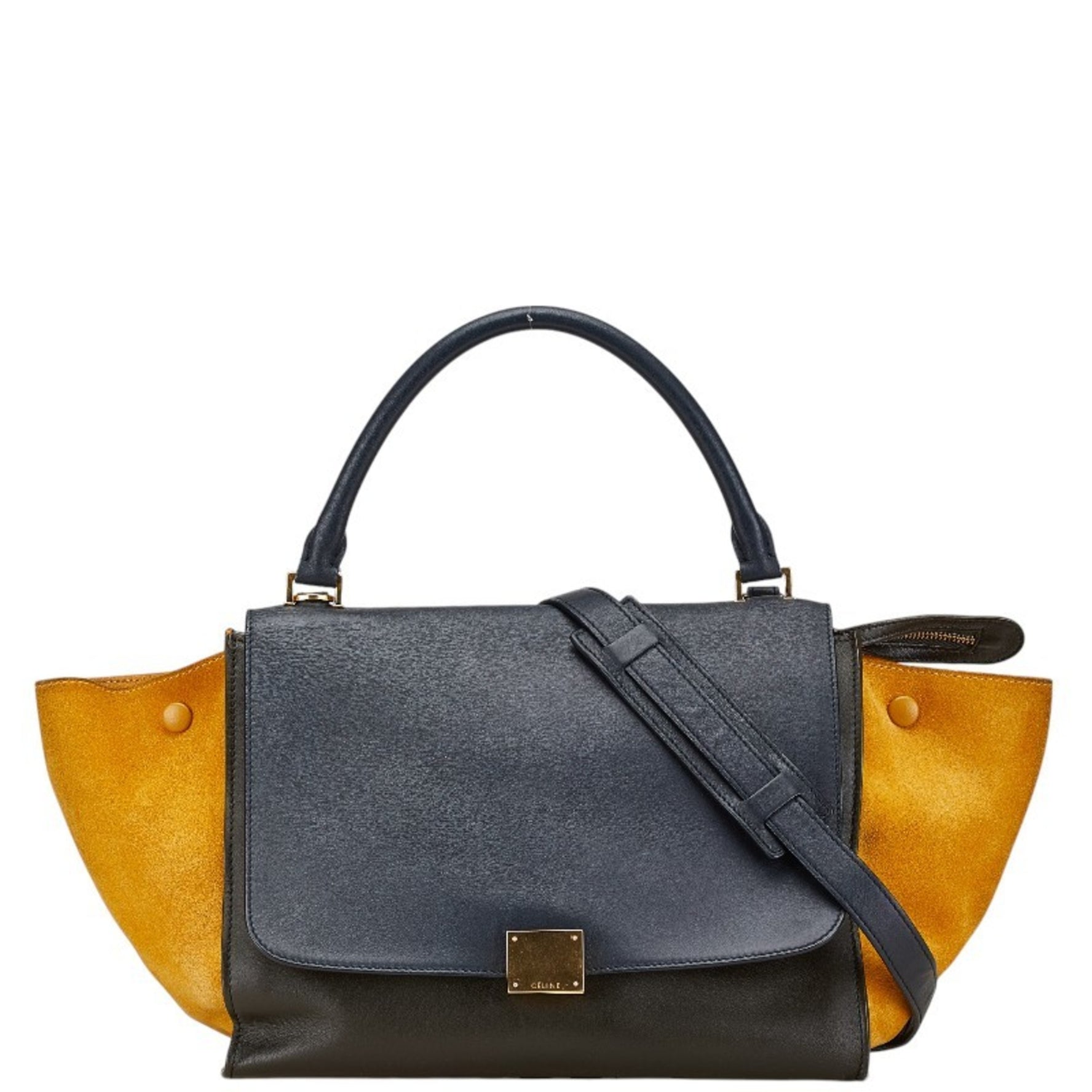 Celine Trapeze Handbag Shoulder Bag Black Yellow Leather Suede
