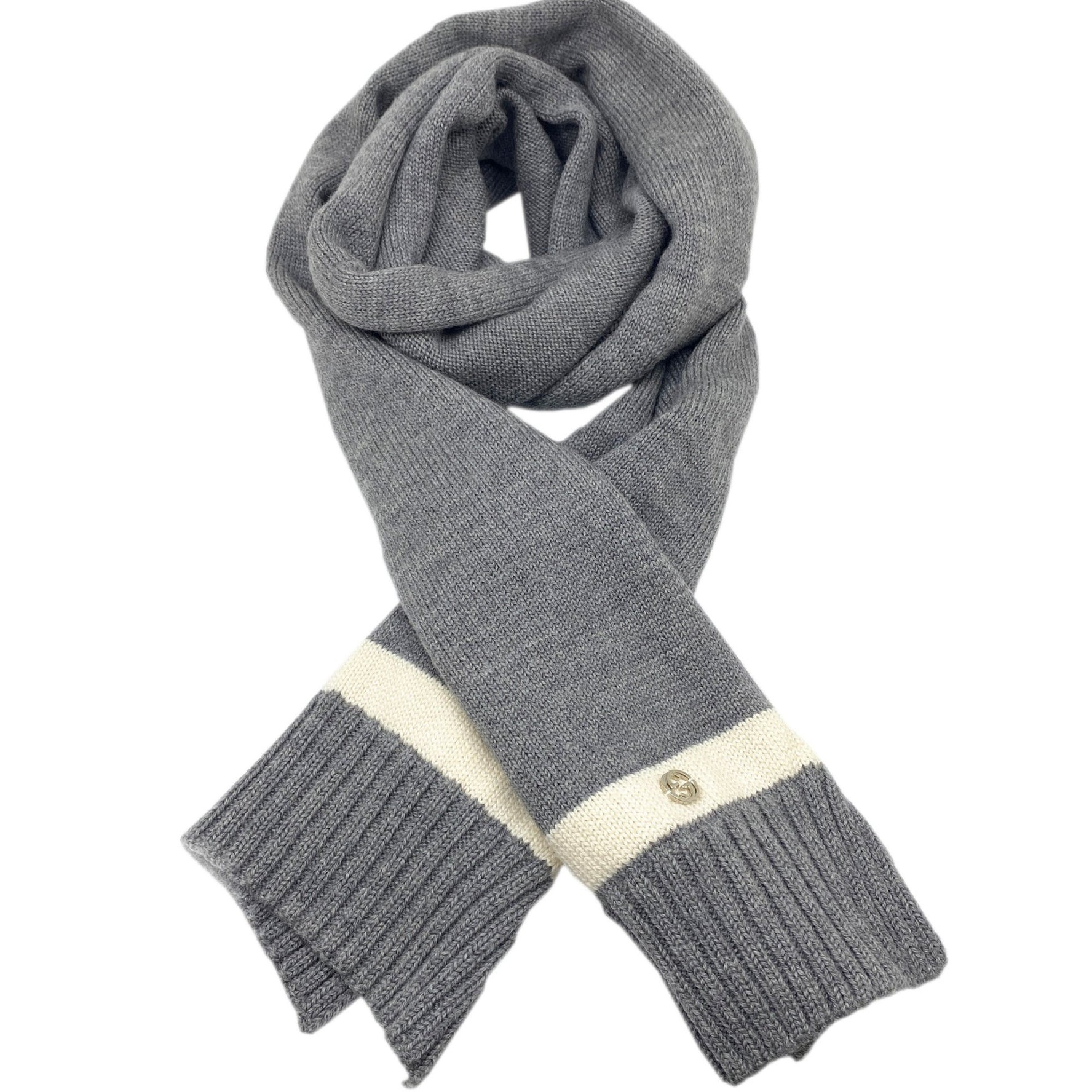 GUCCI Wool Scarf Grey White GG Stole Women Men