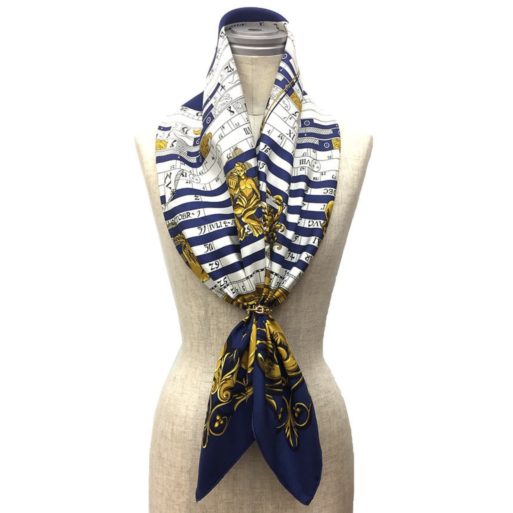 HERMES Scarf Muffler Carre 90 DIES ET HORE Astrology Constellation Pattern Horoscope Navy x White 100% Silk