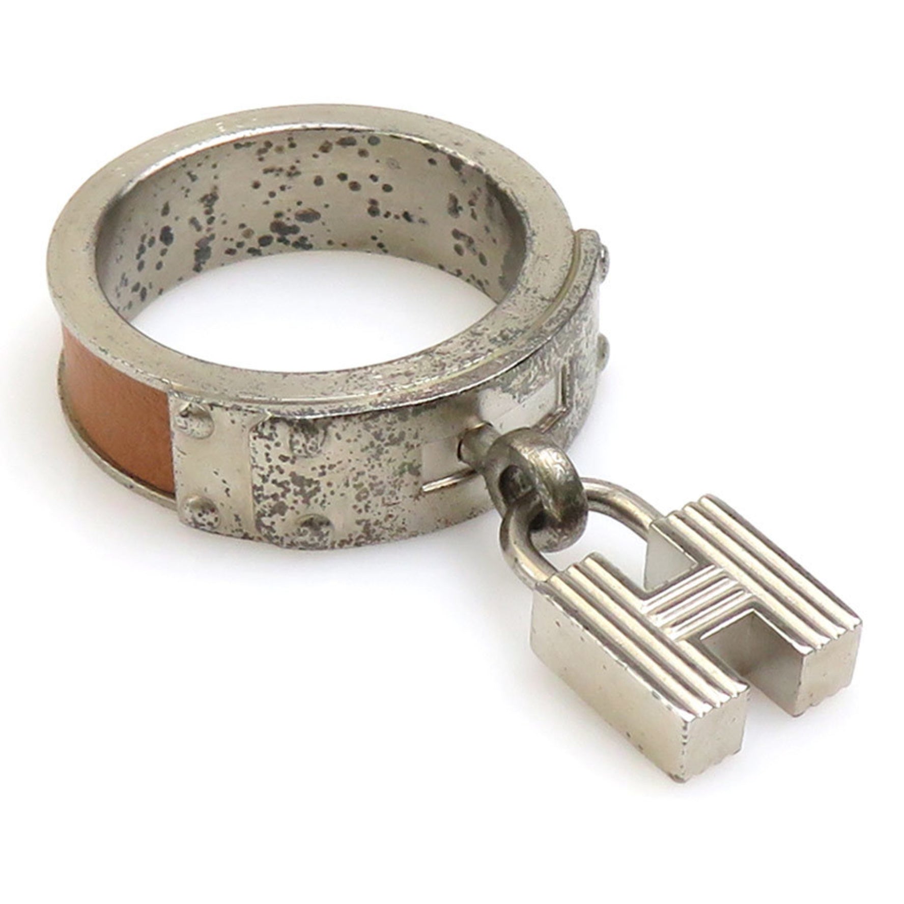 Hermes scarf ring H Cadena charm metal leather silver brown ladies