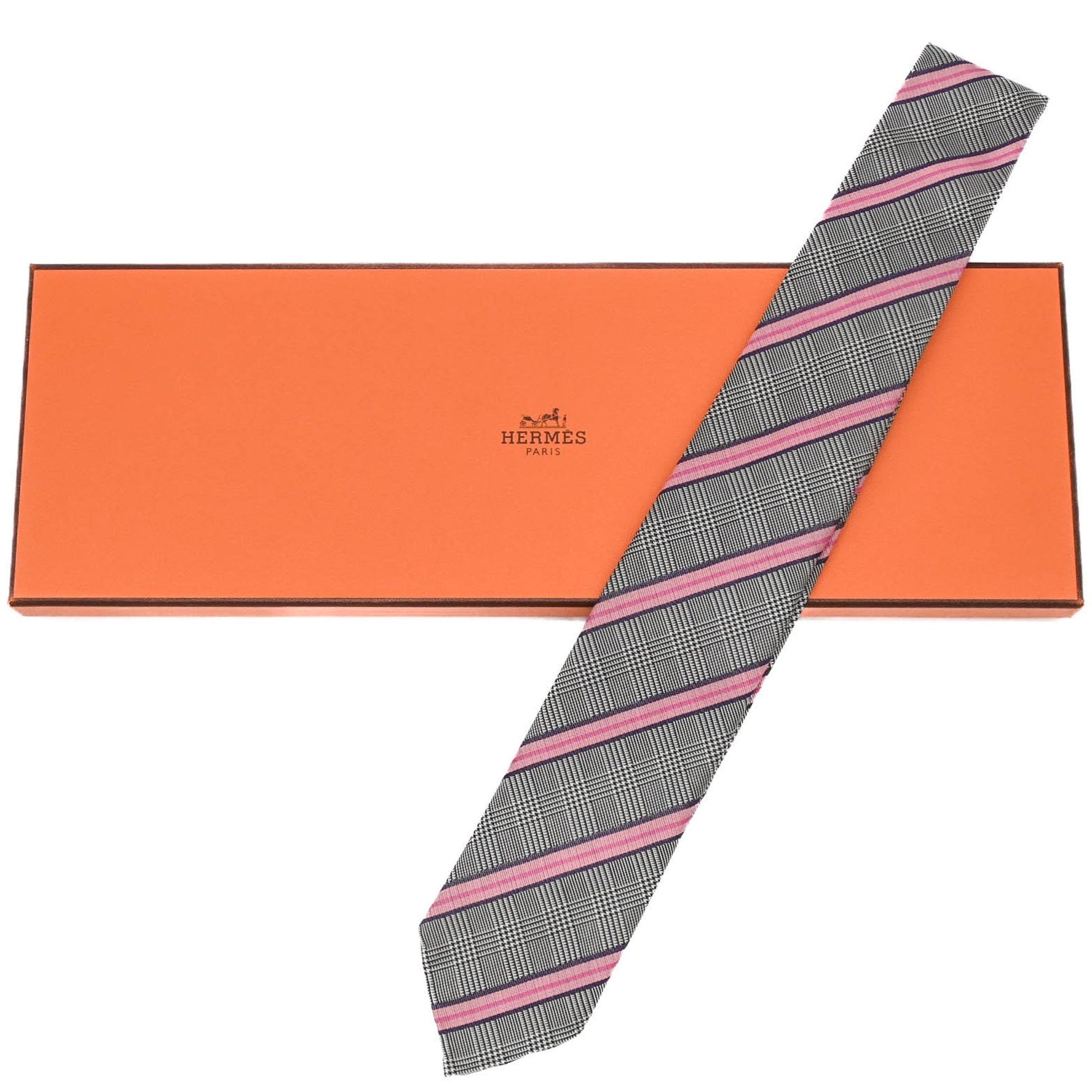 HERMES Striped Silk Tie in White, Pink, and Multicolor