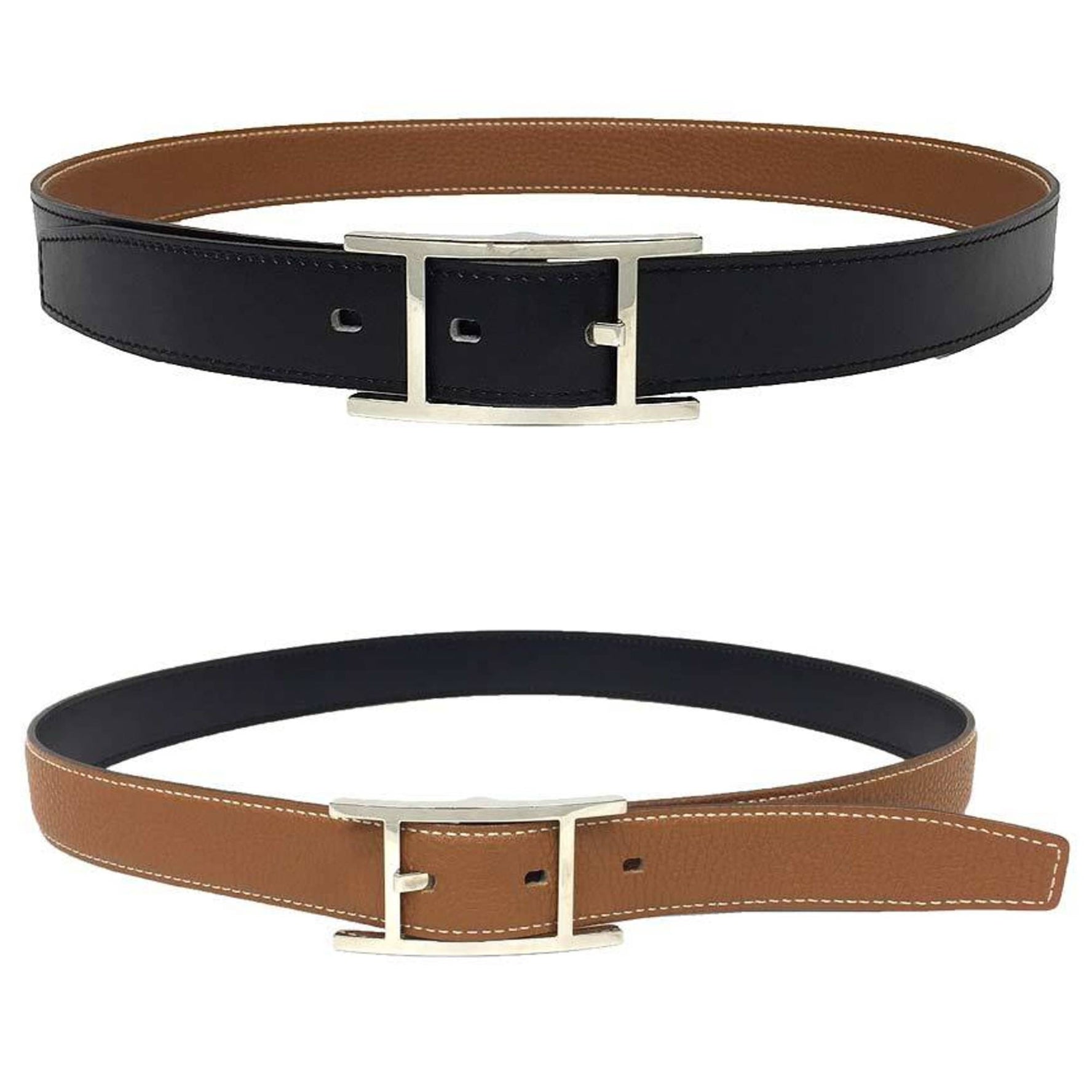 Hermes Hermès Easy Belt, Size 85, □I Stamp, Reversible Leather, Black/Camel Brown, H Buckle, Silver Box Leather